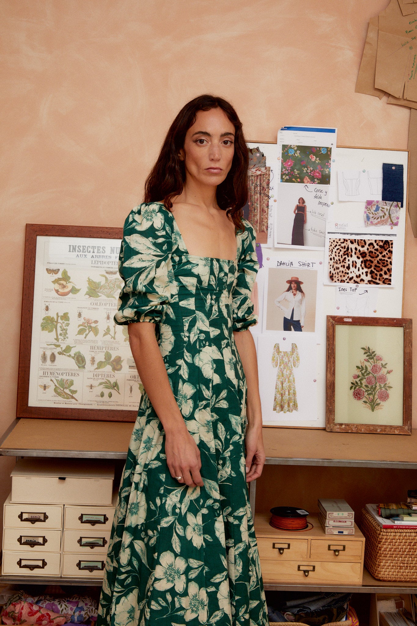 Aurelia dress, green floral print with square neckline, puff sleeves, midi length