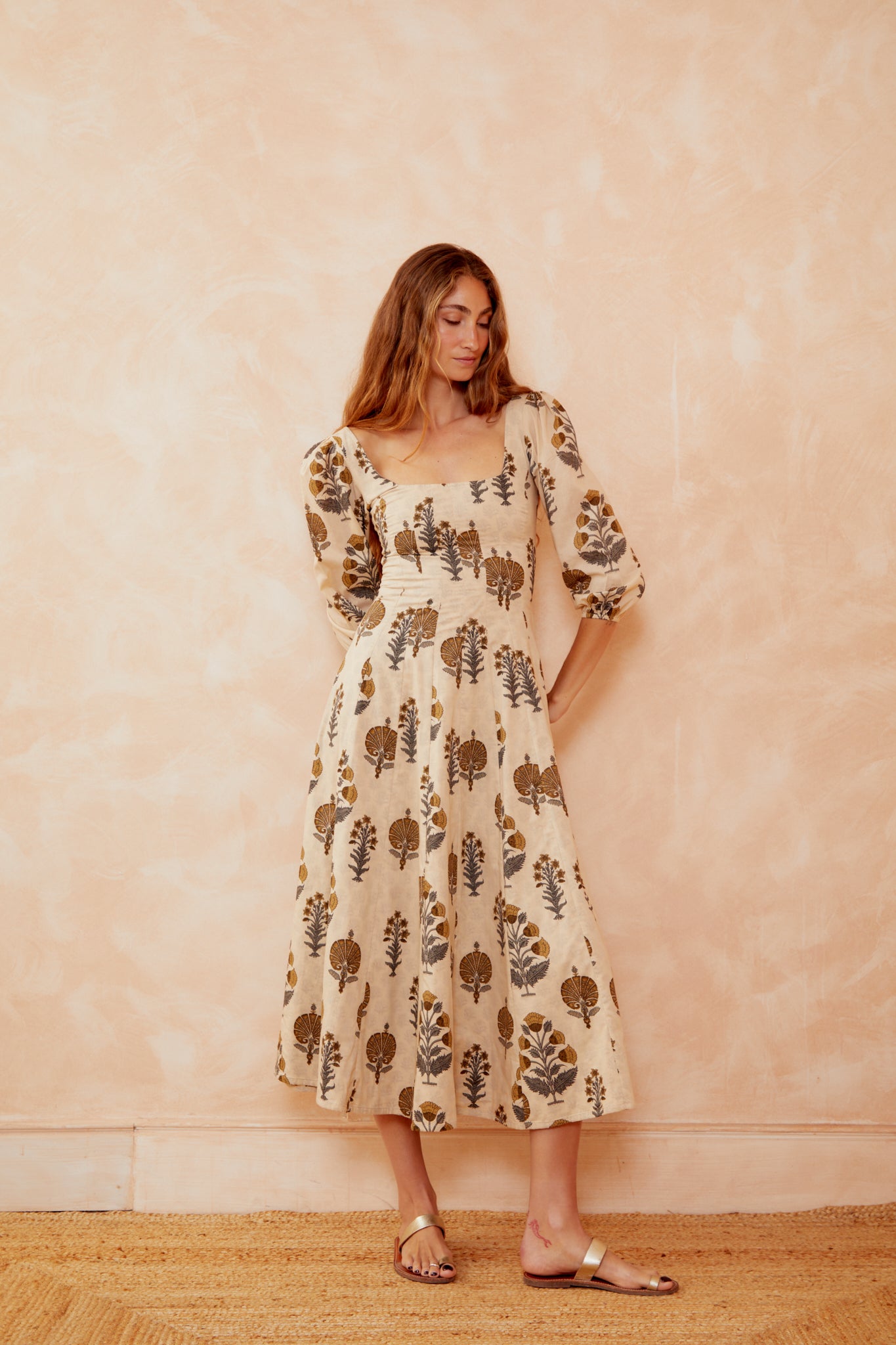 Cream botanical print dress with square neckline and gathered skirt, midi length