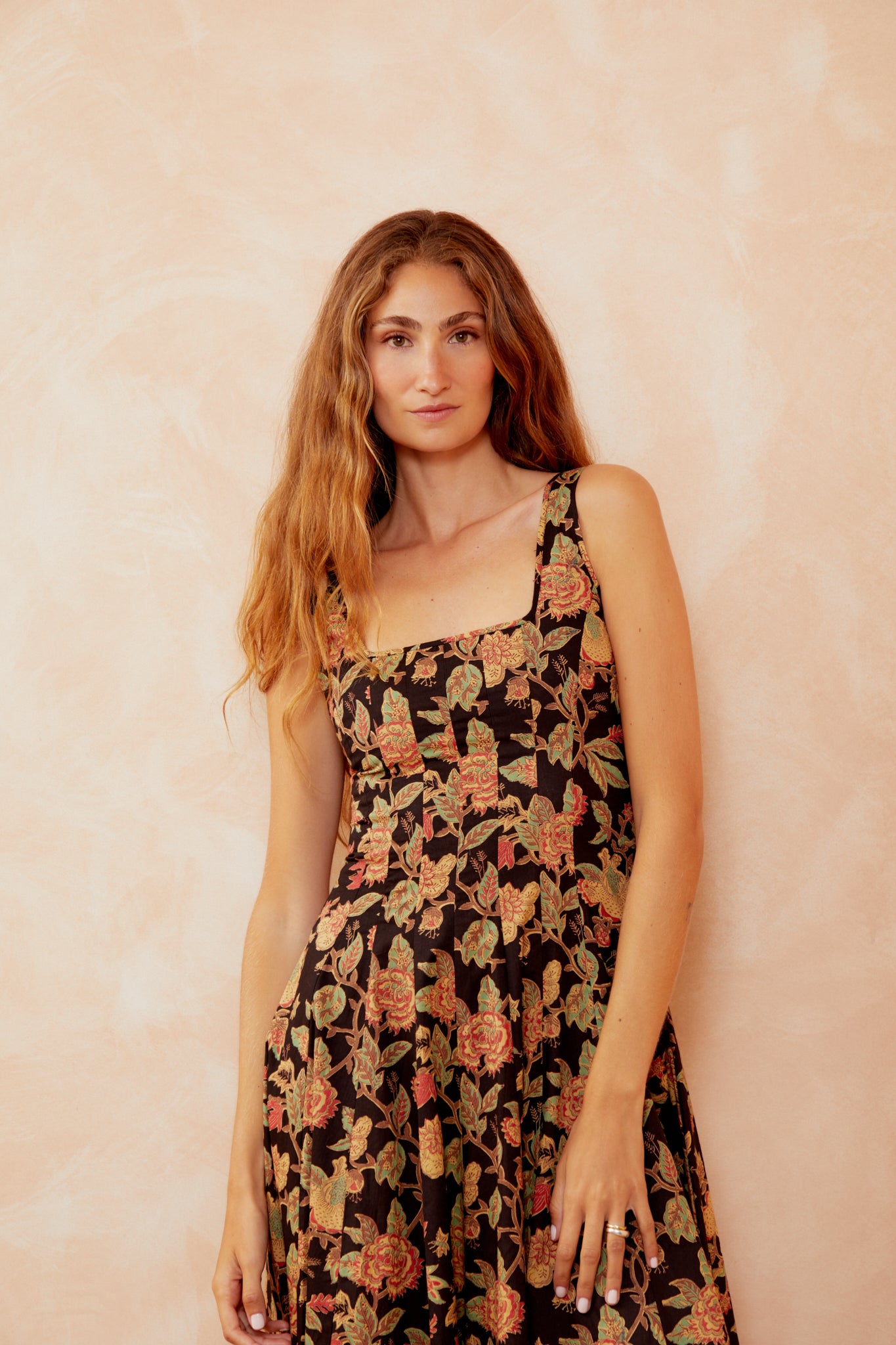 Floral maxi dress bodice with square neckline and thin trim, wide straps