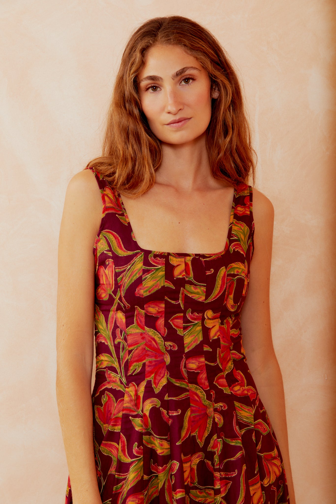 Burgundy floral sleeveless dress bodice with square neckline