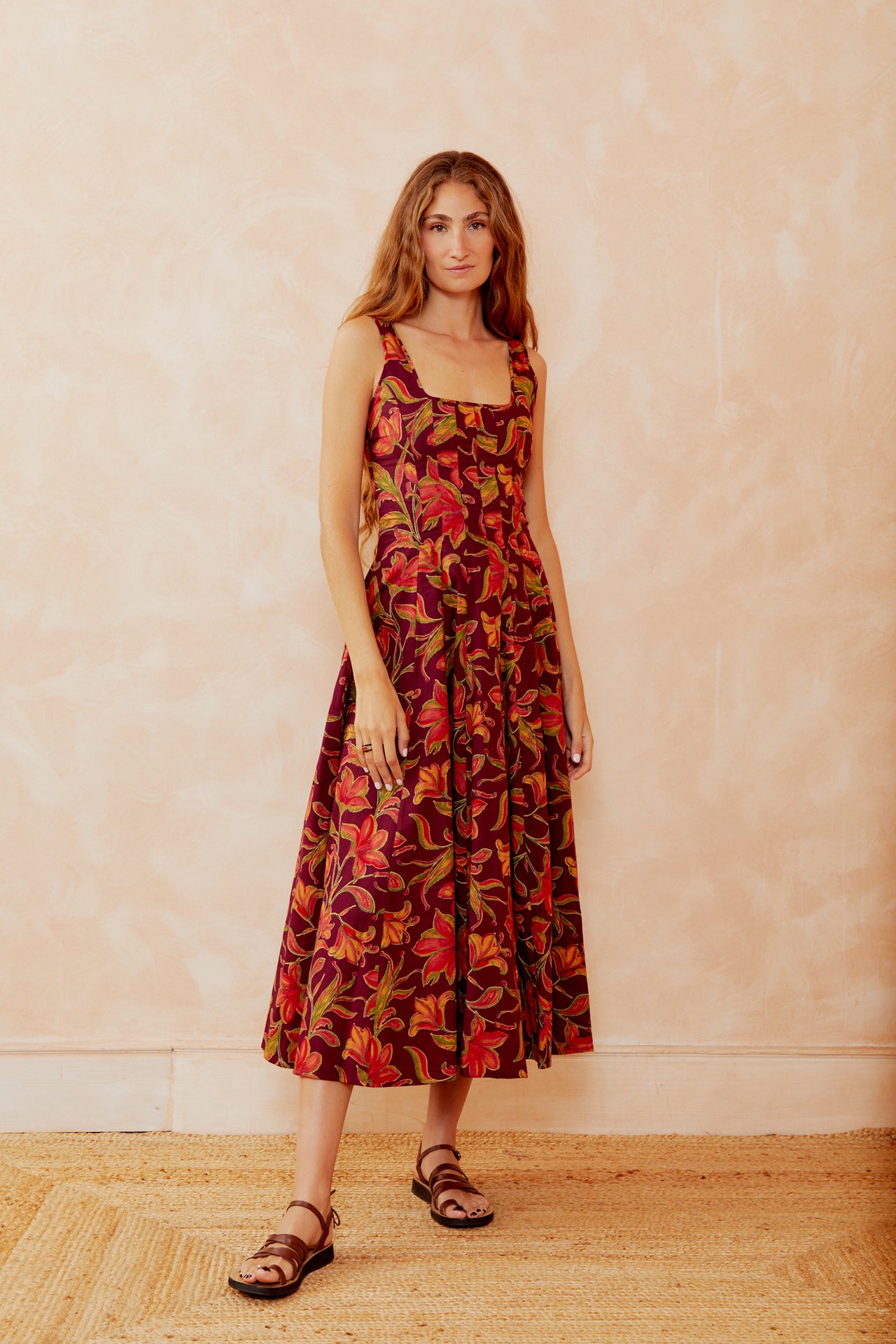 Burgundy floral sleeveless midi dress with square neckline
