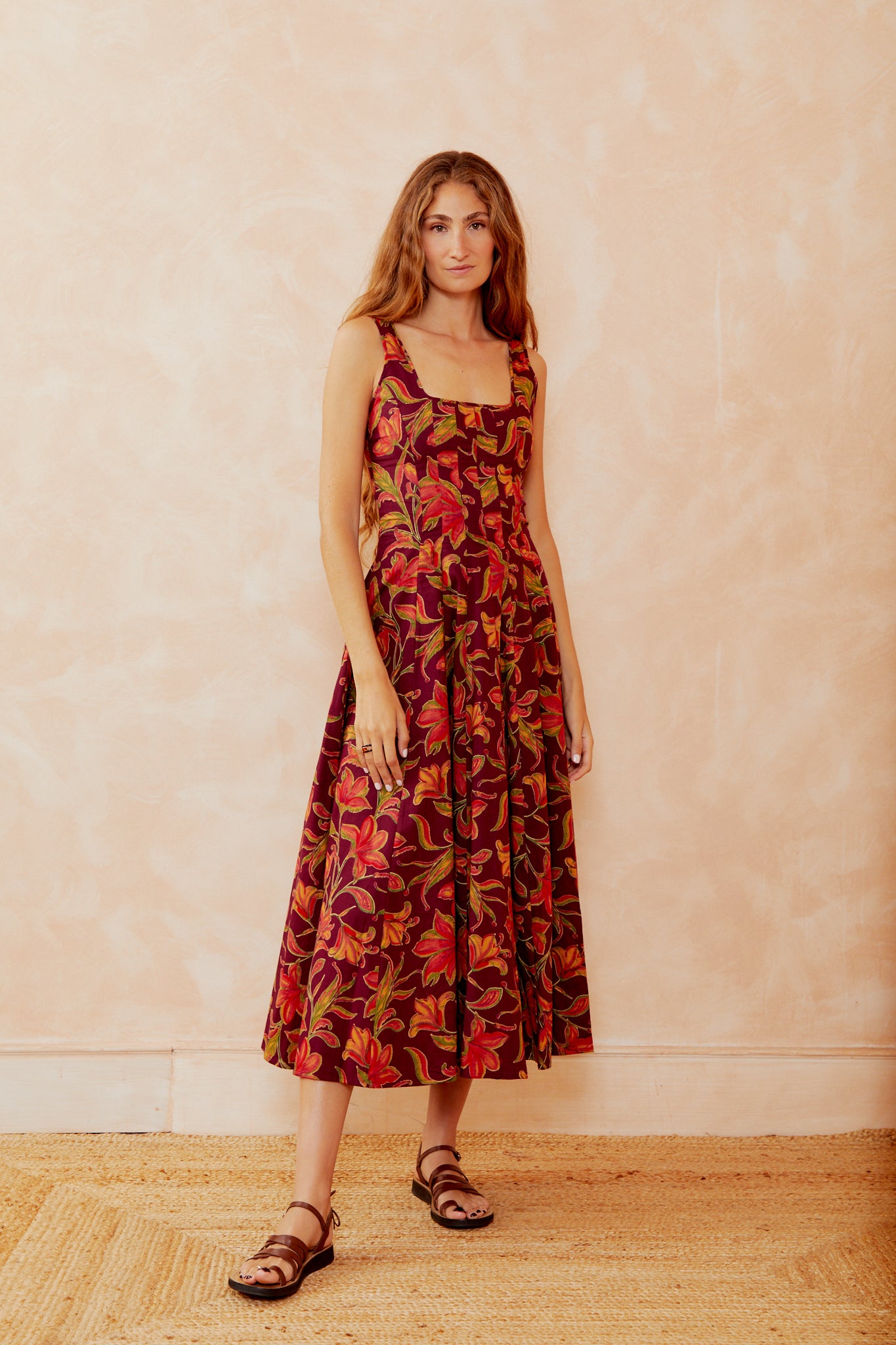 Burgundy floral sleeveless midi dress with square neckline