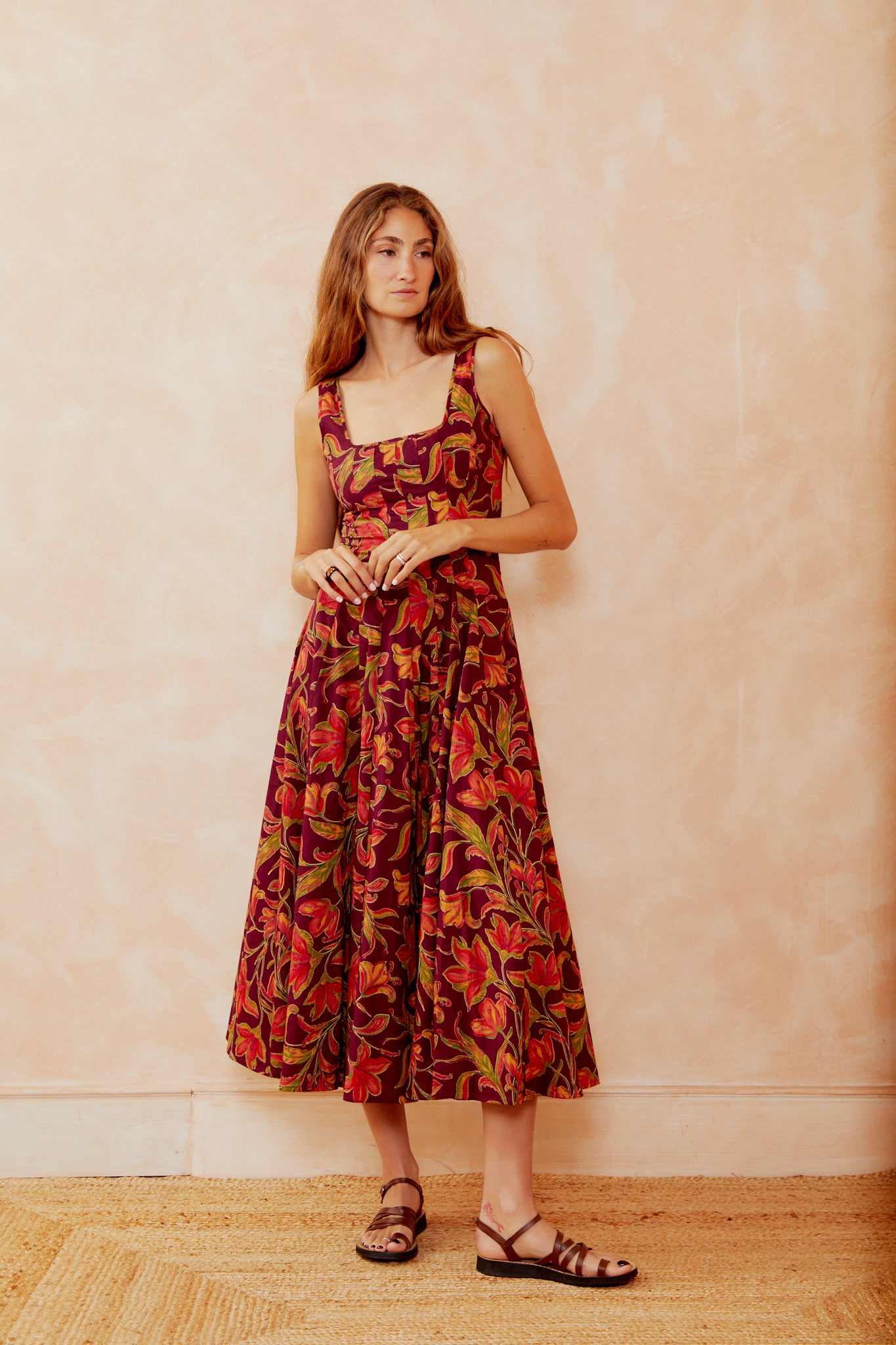 Burgundy floral sleeveless midi dress with ruffled square neckline