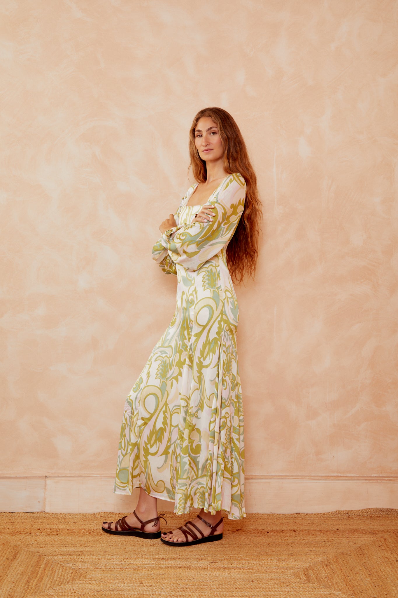 Alegra printed dress, cream with yellow-green botanical print, square neckline, gathered long puff sleeves