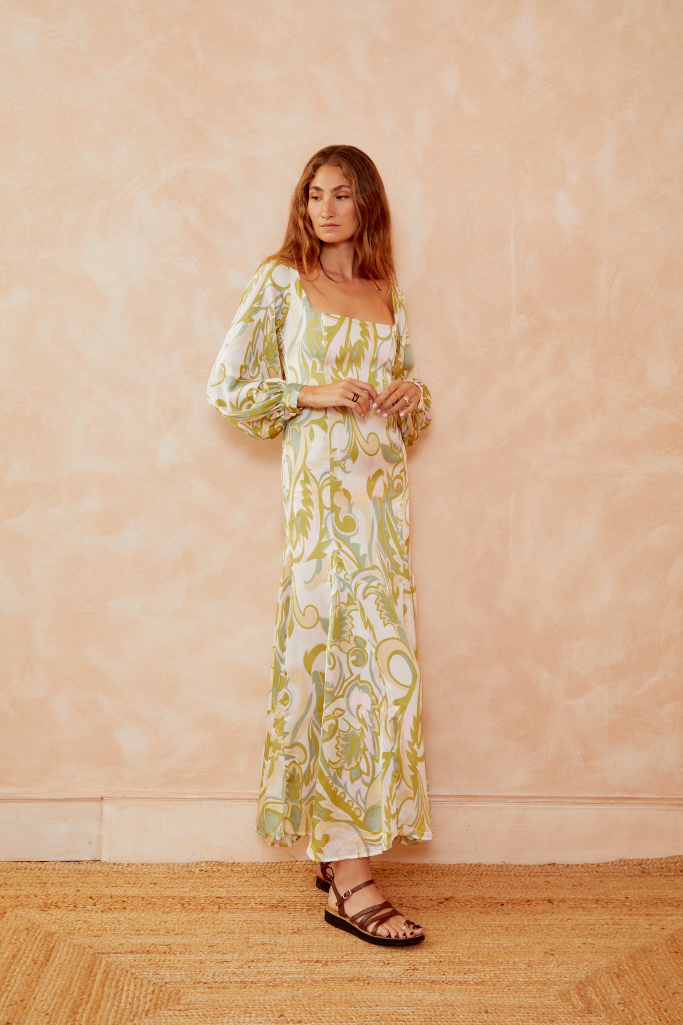 Alegra printed dress, cream with yellow-green botanical print, square neckline, long puff sleeves, midi