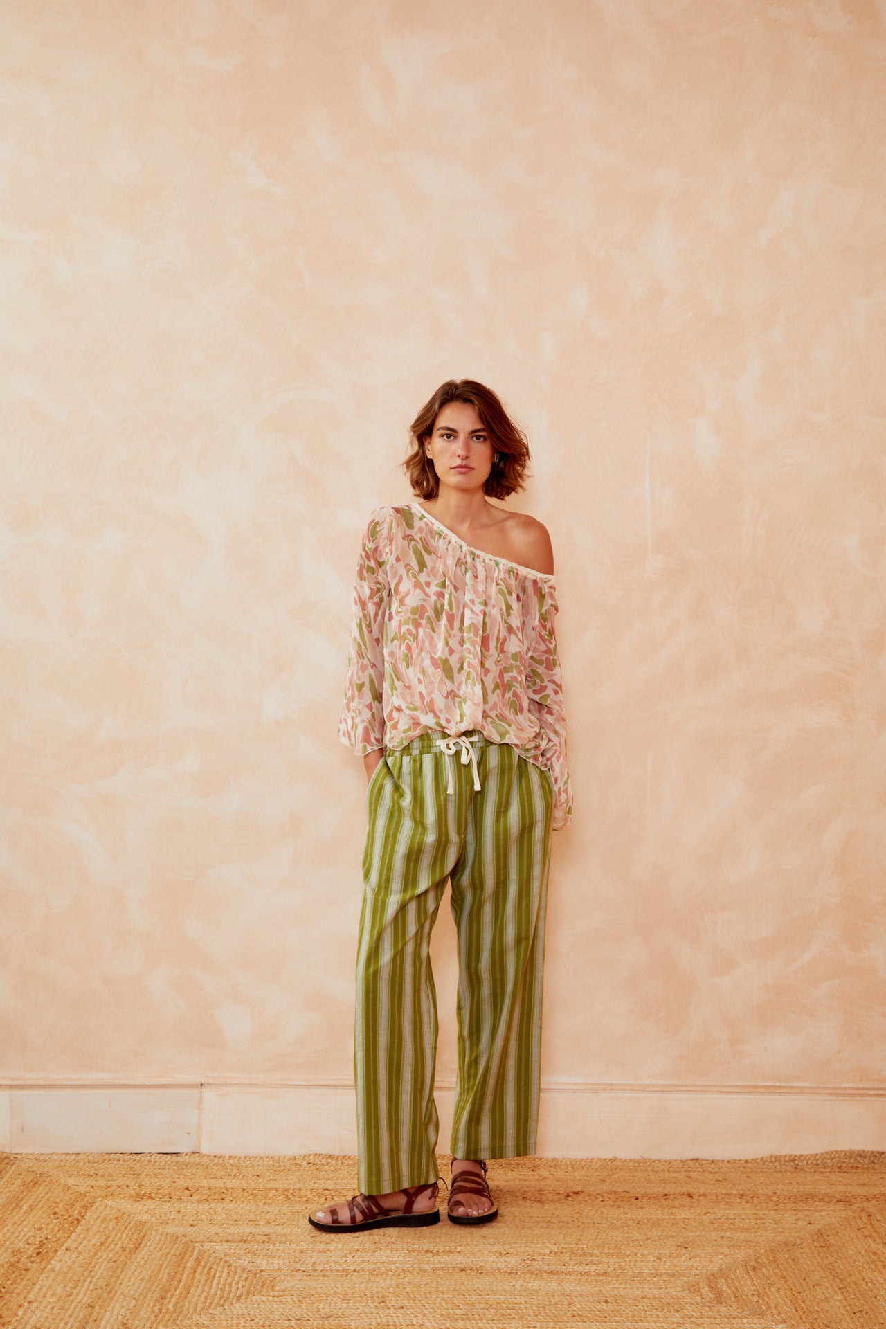 Pastel printed long-sleeve blouse with wide neckline and gathered yoke