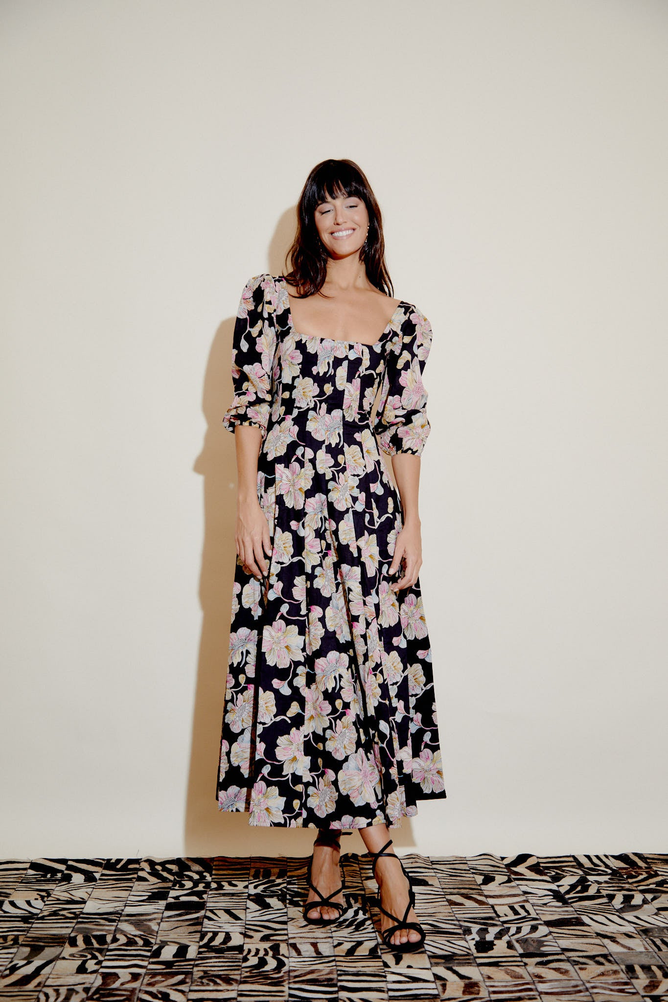 Aurelia dress with black floral print, square neckline, gathered waist, puff sleeves