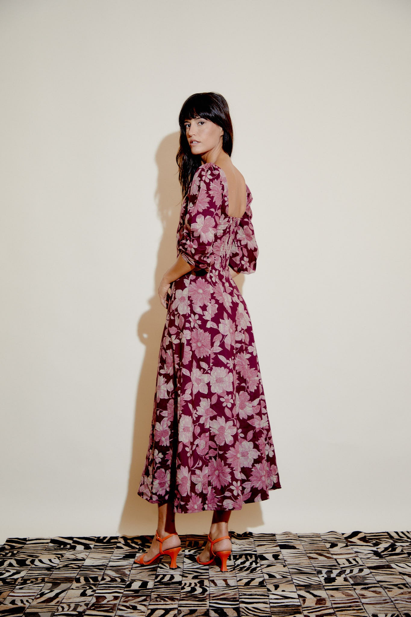 Aurelia plum floral midi dress with square neckline and waist tie, side view