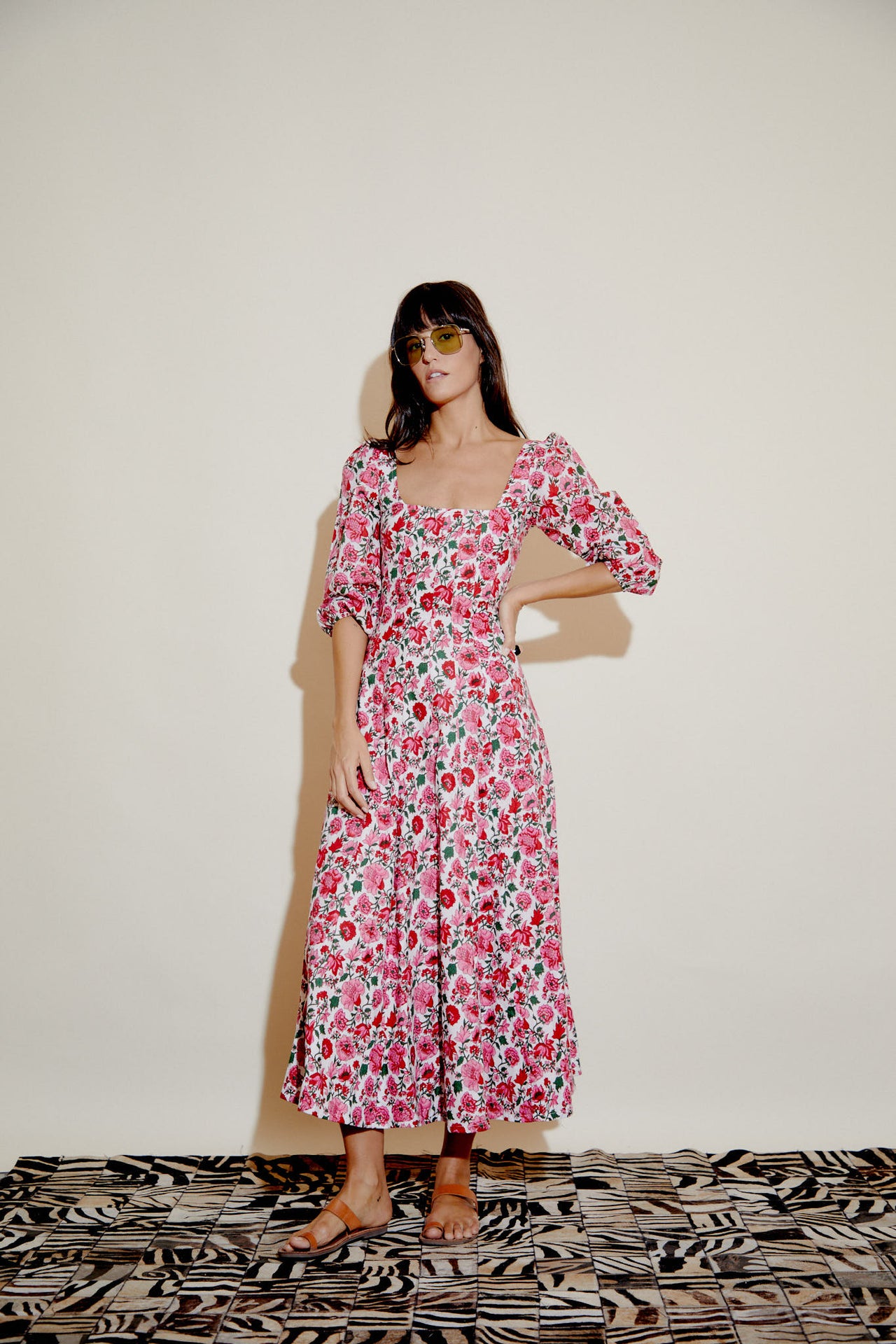 Pink rose print midi dress, square neck, full puff sleeves and tiered skirt