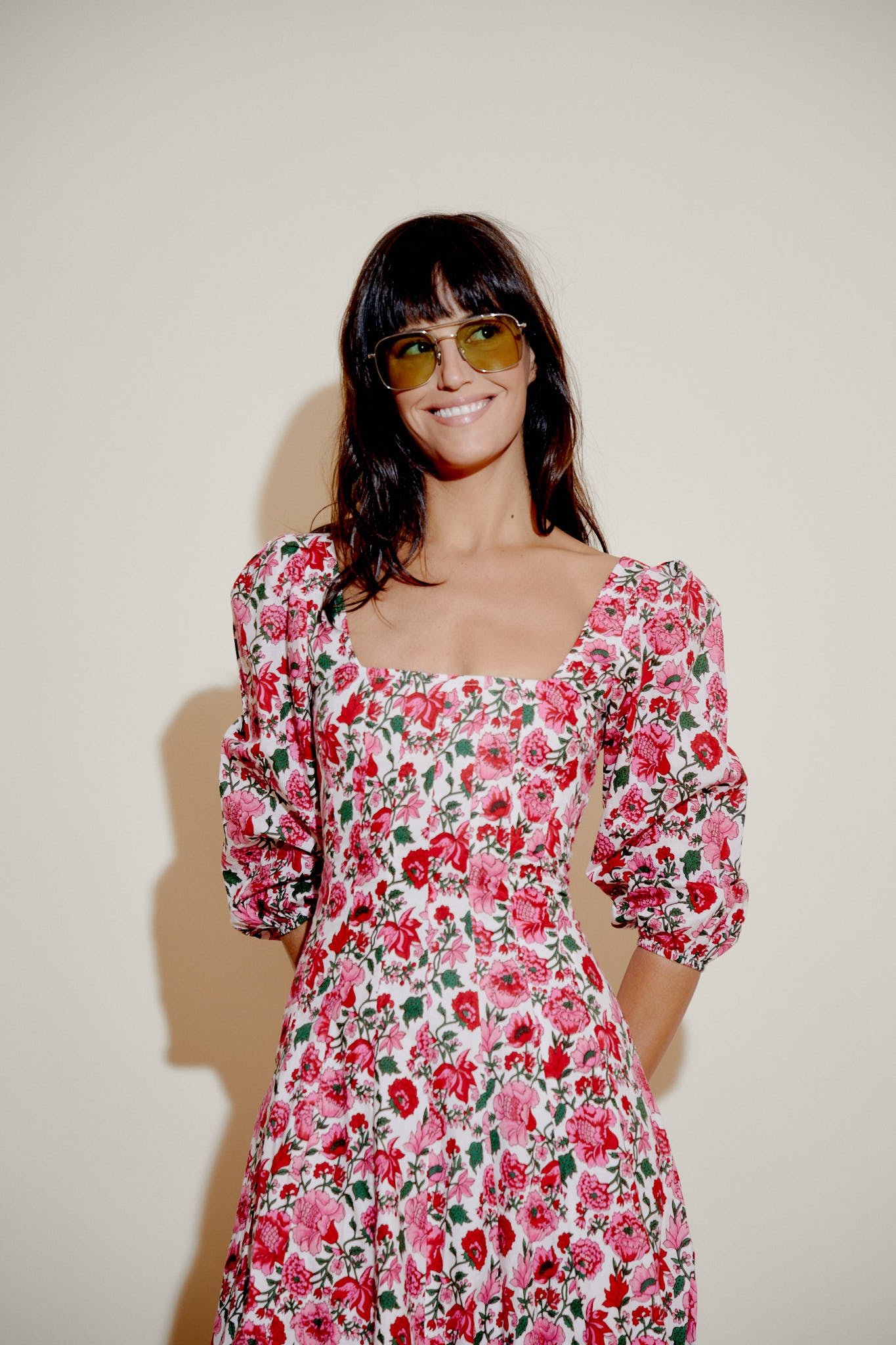 Pink rose print fitted bodice midi dress with square neckline and puff sleeves
