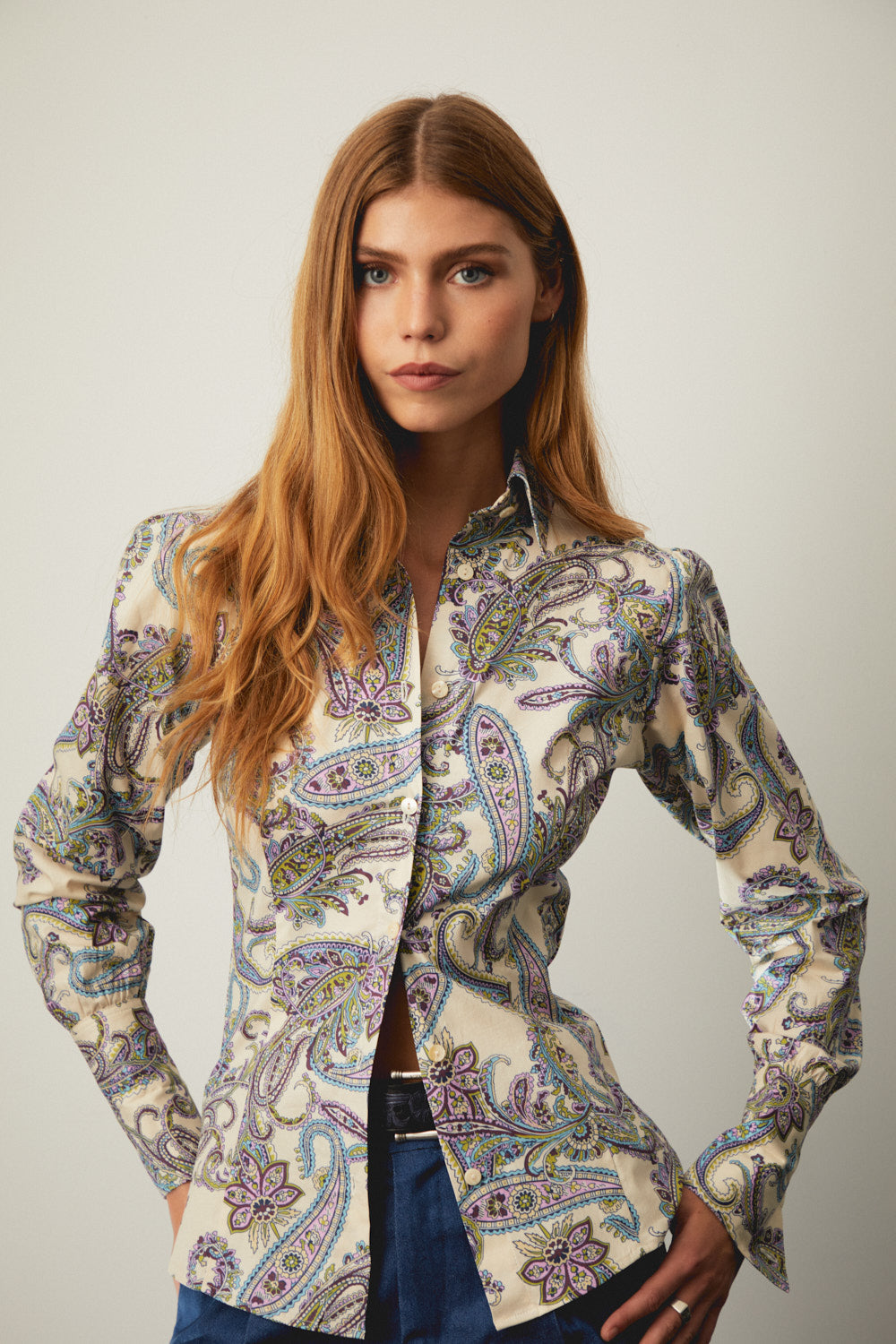 Multicolor paisley button-front shirt with pointed collar and long sleeves
