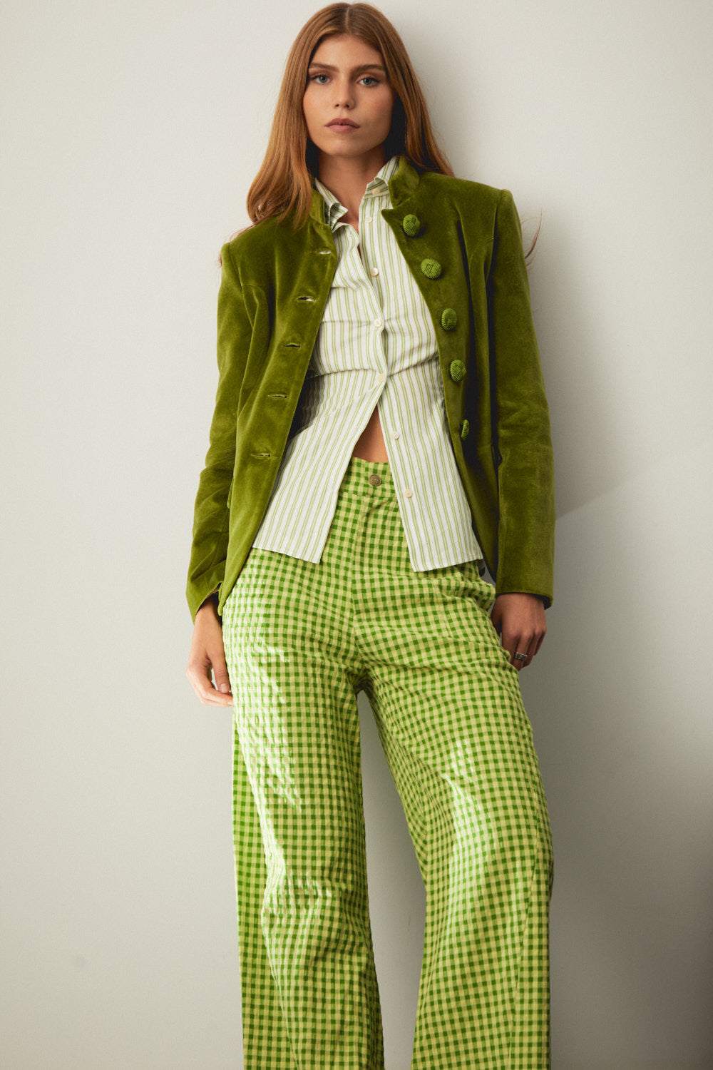 Green vichy check trousers with straight, relaxed legs and ankle length cuffs