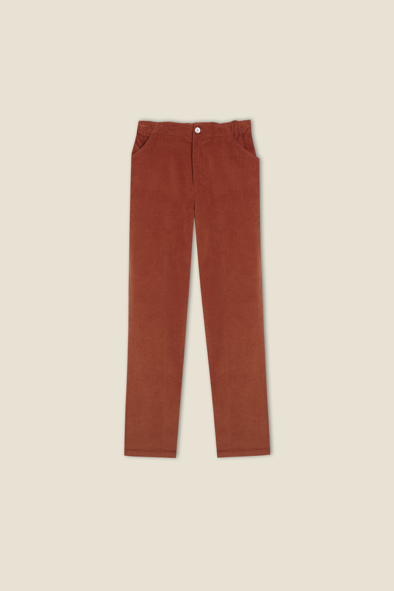 Orange trousers with button fly, belt loops, and straight legs