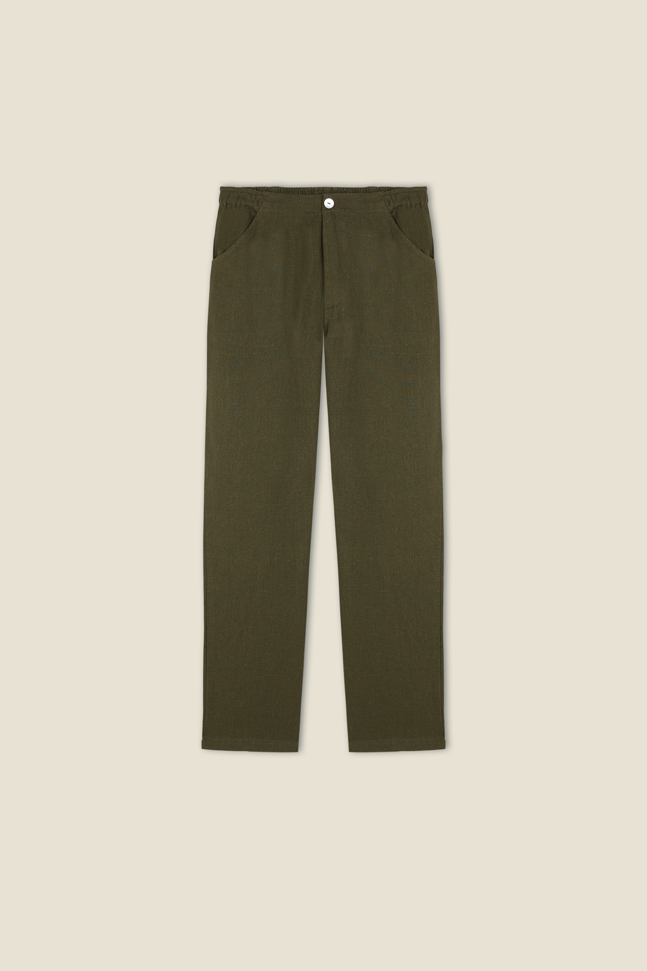 Desmond trousers in dark green with button fly and relaxed straight legs.