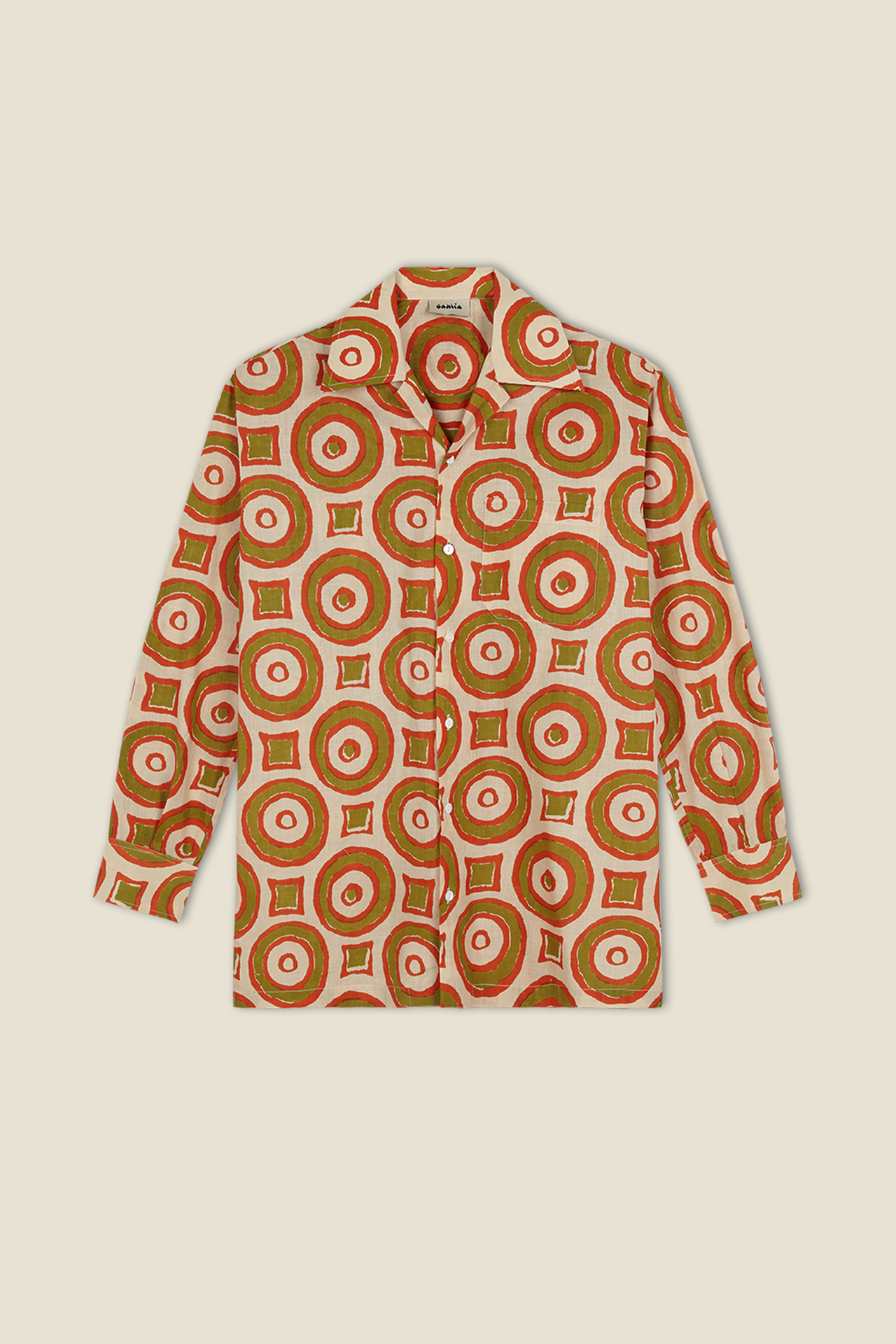 Orange button-up shirt with circular pattern, long sleeves, pointed collar