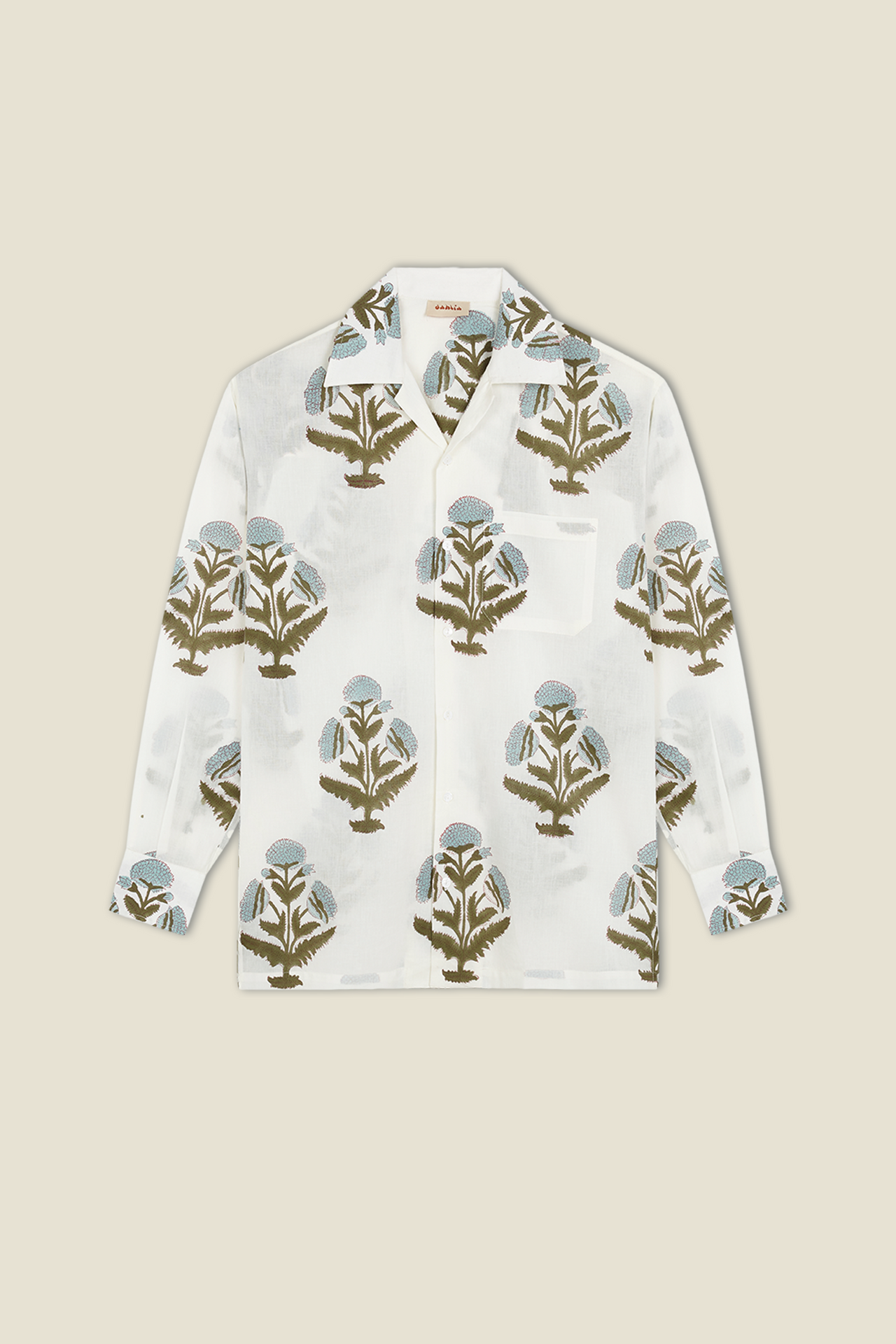 White button-up shirt with long sleeves, chest pocket, botanical floral print