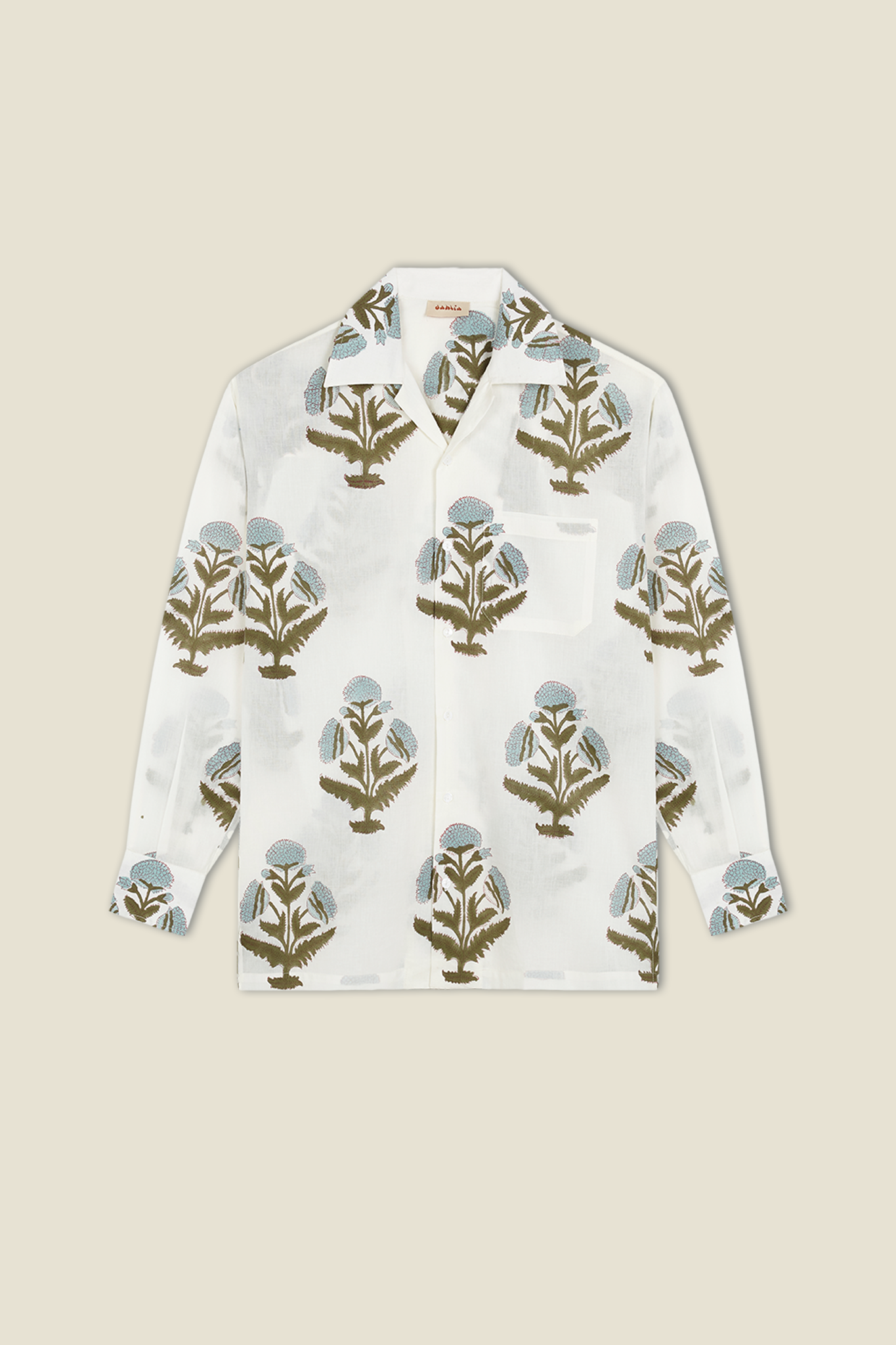 White button-up shirt with long sleeves, chest pocket, botanical floral print