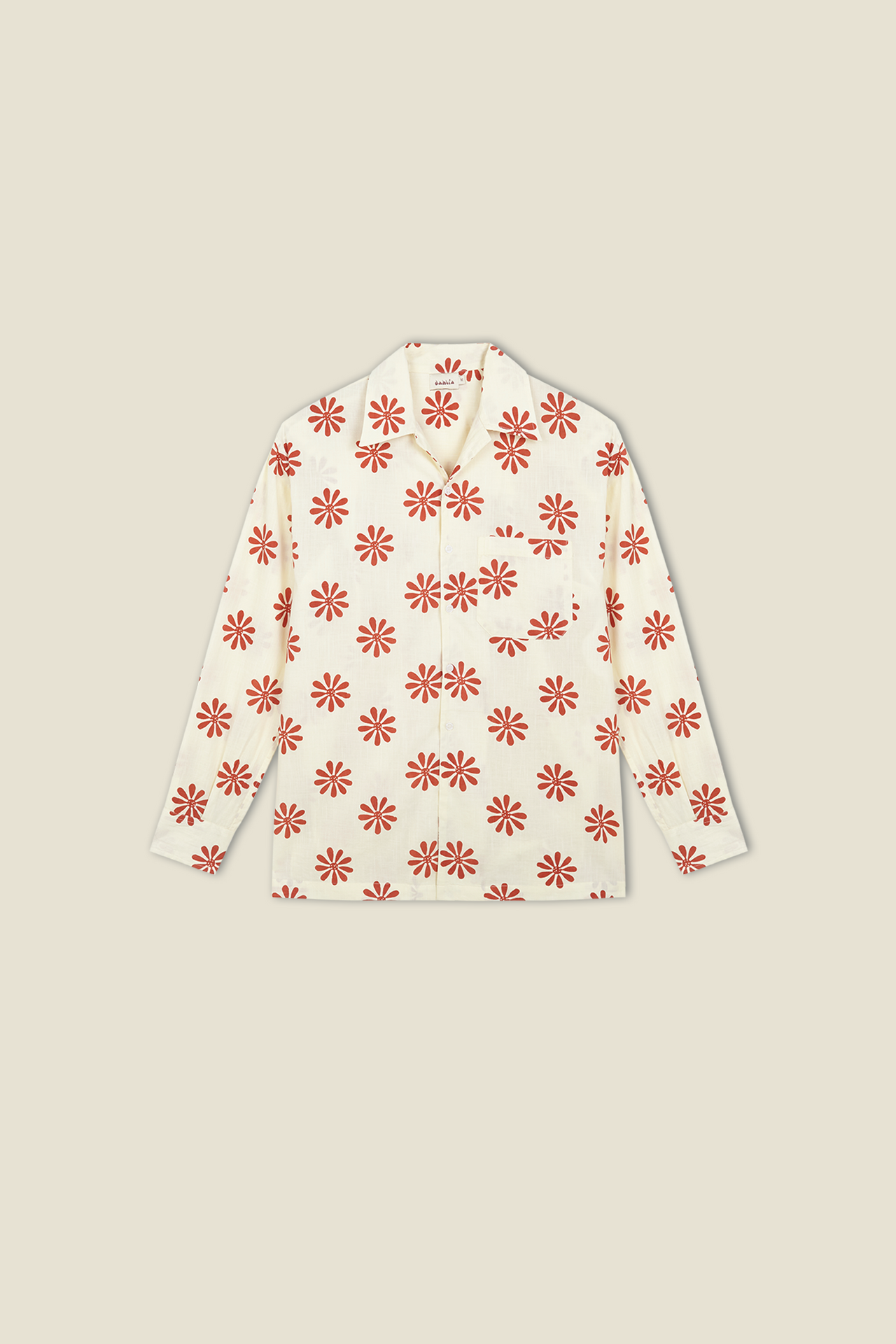 Cream button-up shirt with red flower burst print, long sleeves and pointed collar