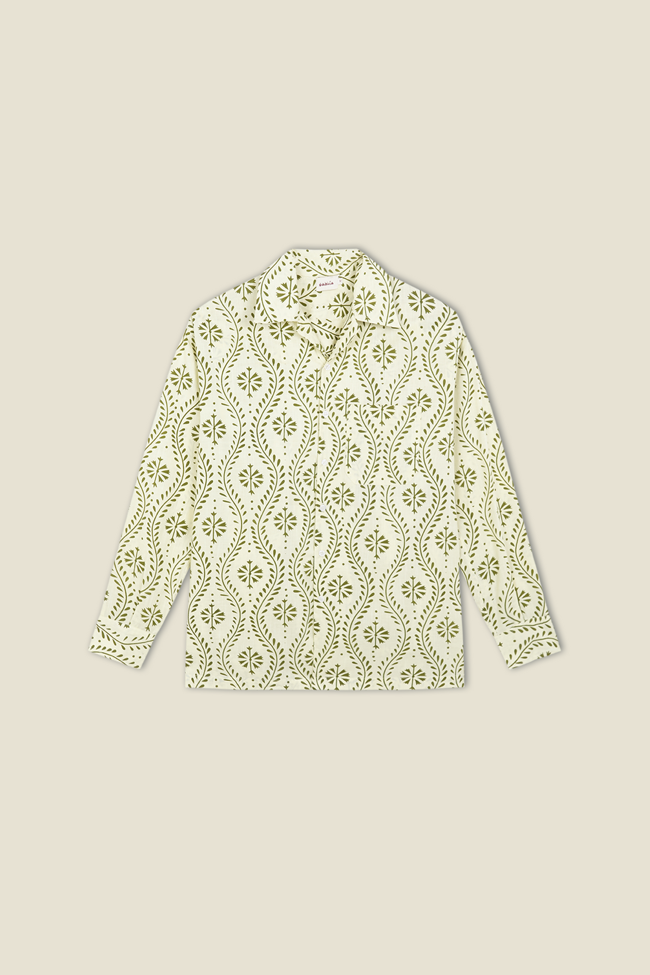 Green leaf-and-flower print button shirt with stand collar, long sleeves