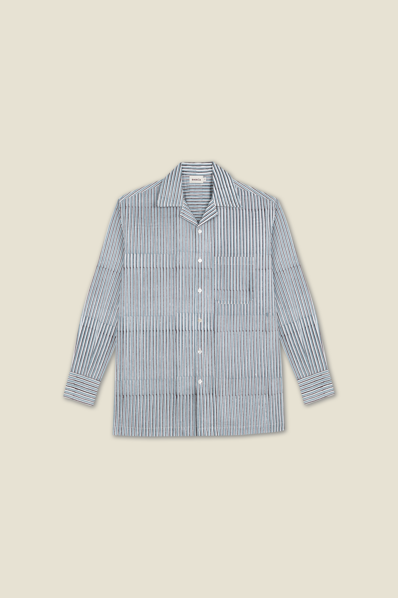 Blue striped button-up shirt with collar, long sleeves, and front button placket.