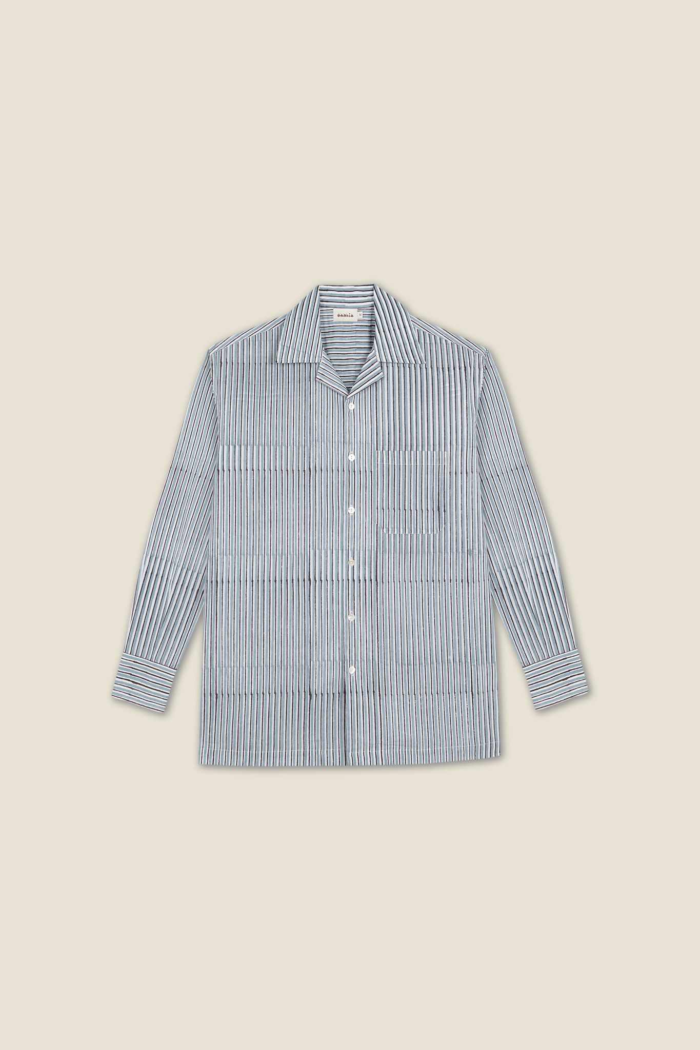 Blue striped button-up shirt with collar, long sleeves, and front button placket.