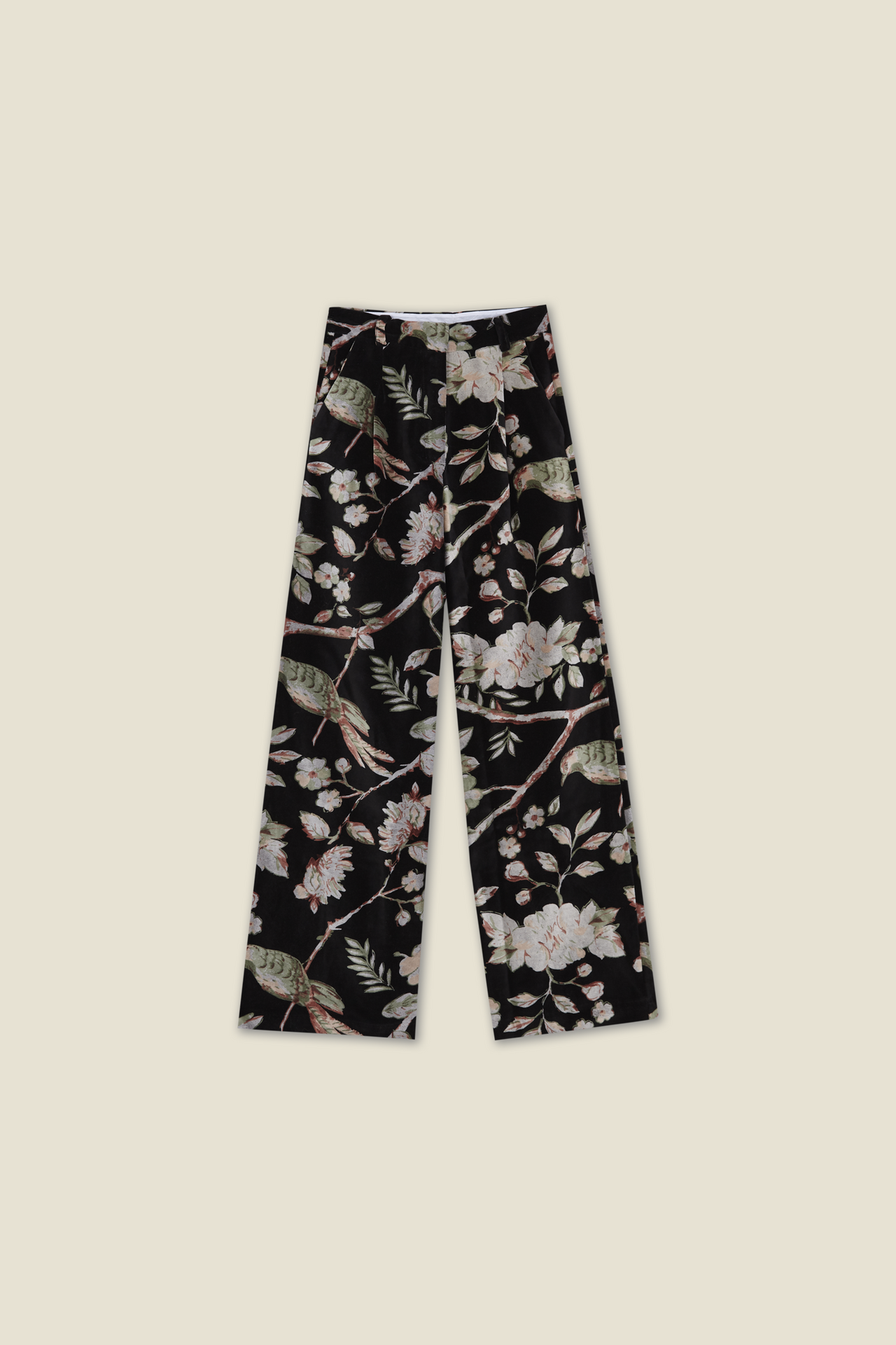 Black floral wide-leg trousers with pink flowers and green leaves, front view