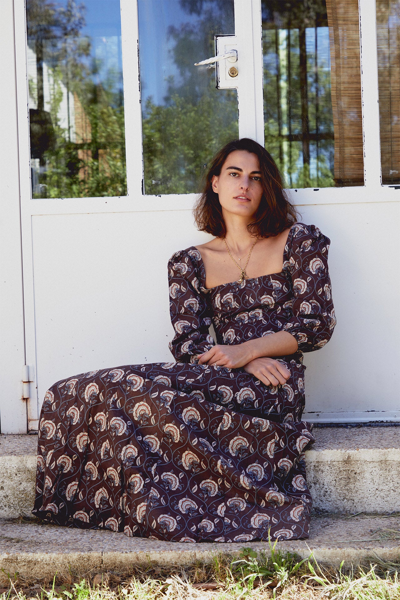 Square-neck paisley midi dress with elbow puff sleeves in dark coffee tones