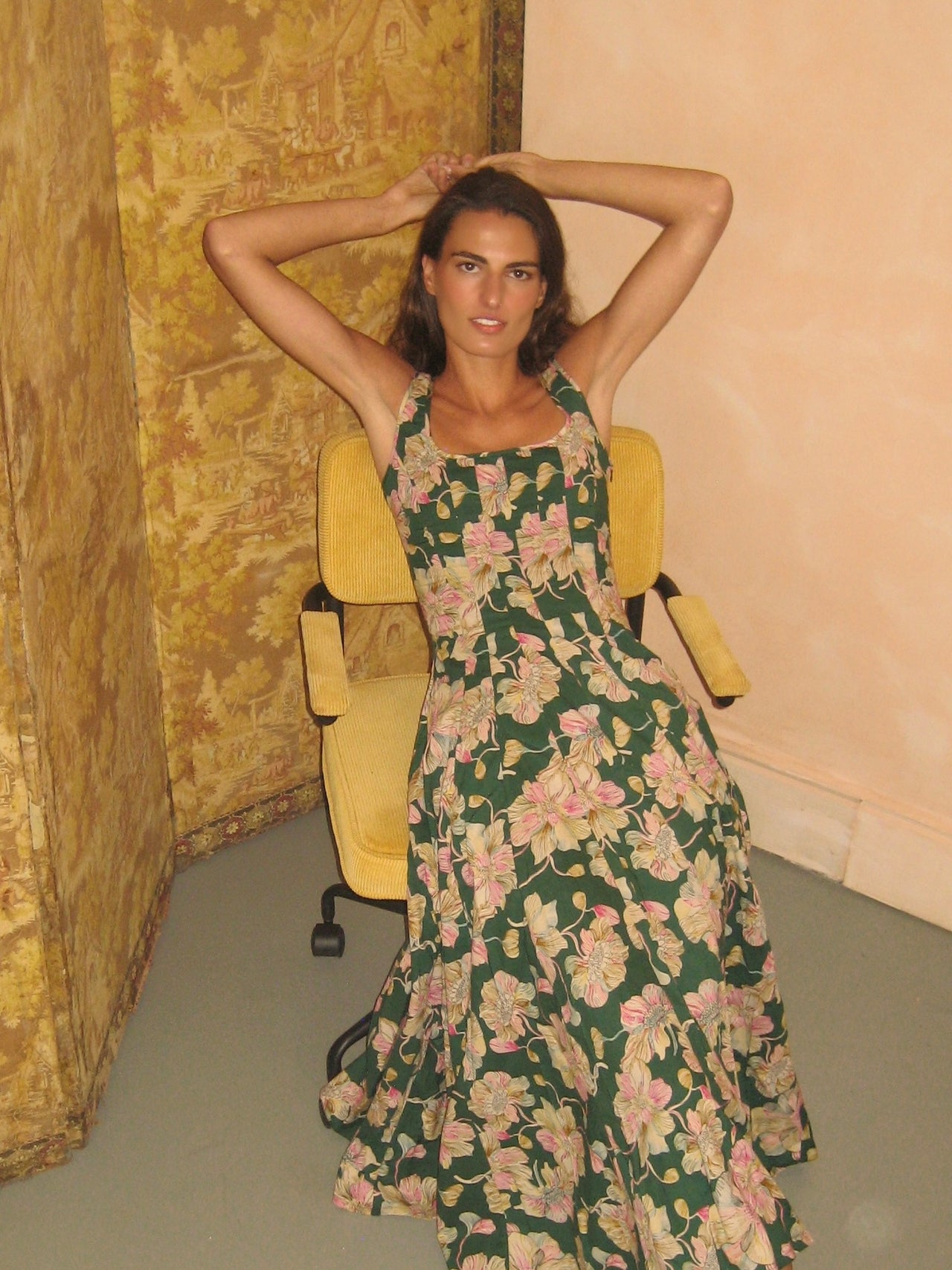 Audrey dress in dark green with pink floral print, square neckline and sleeveless fit-and-flare