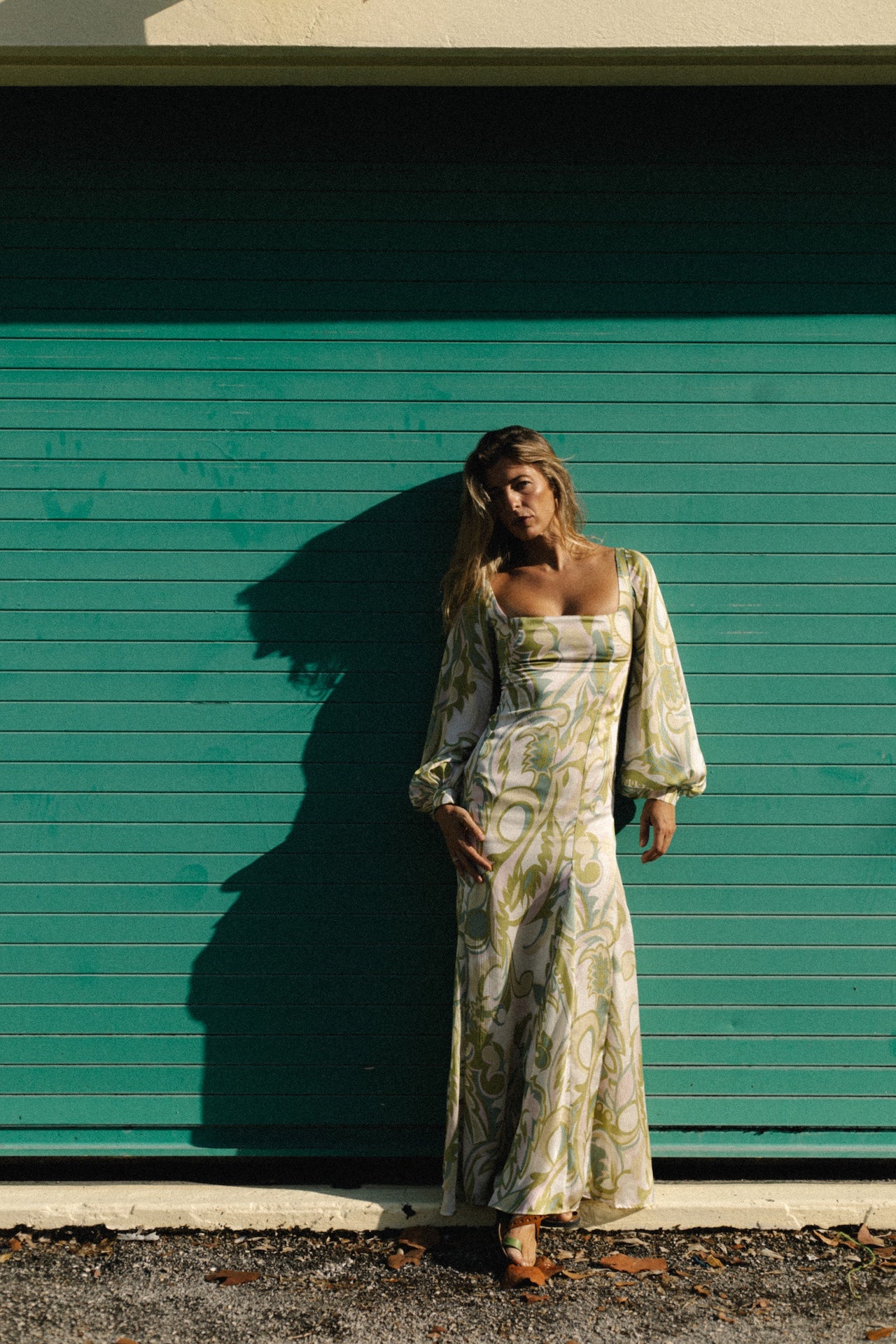 Alegra printed dress, cream with yellow-green botanical scroll print, long puff sleeves, midi length