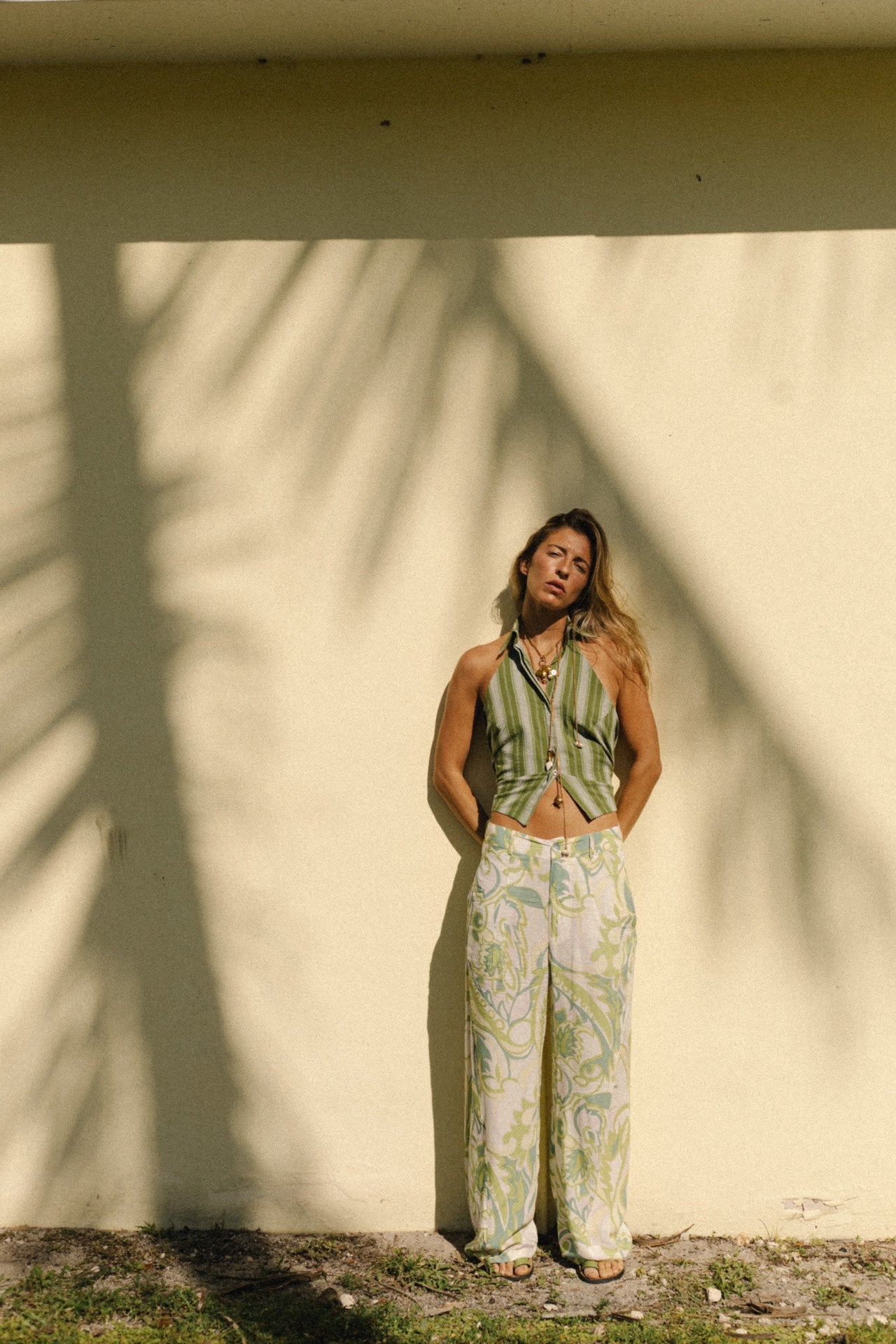 Green Samba trousers with white base and green ornamental motif print, relaxed fit