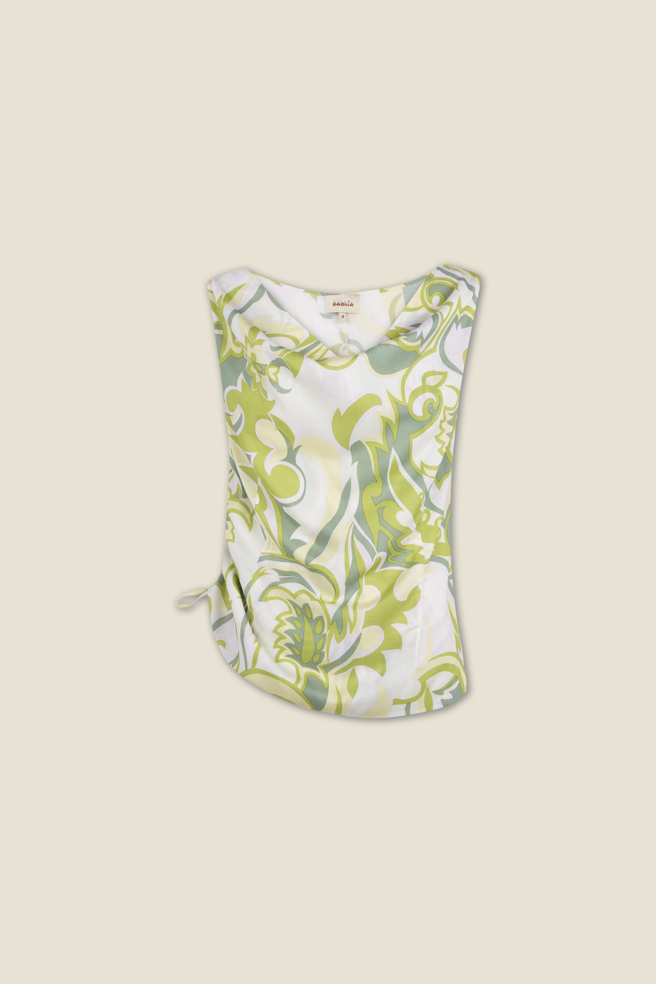 Sleeveless blouse top, white with green leaf print and draped cowl neckline