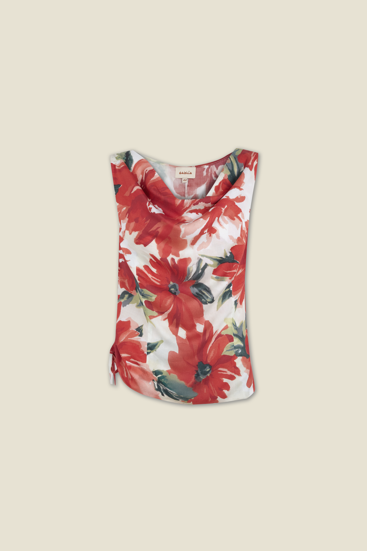 Floral print top in red and white with green leaves, scoop neckline, short sleeves
