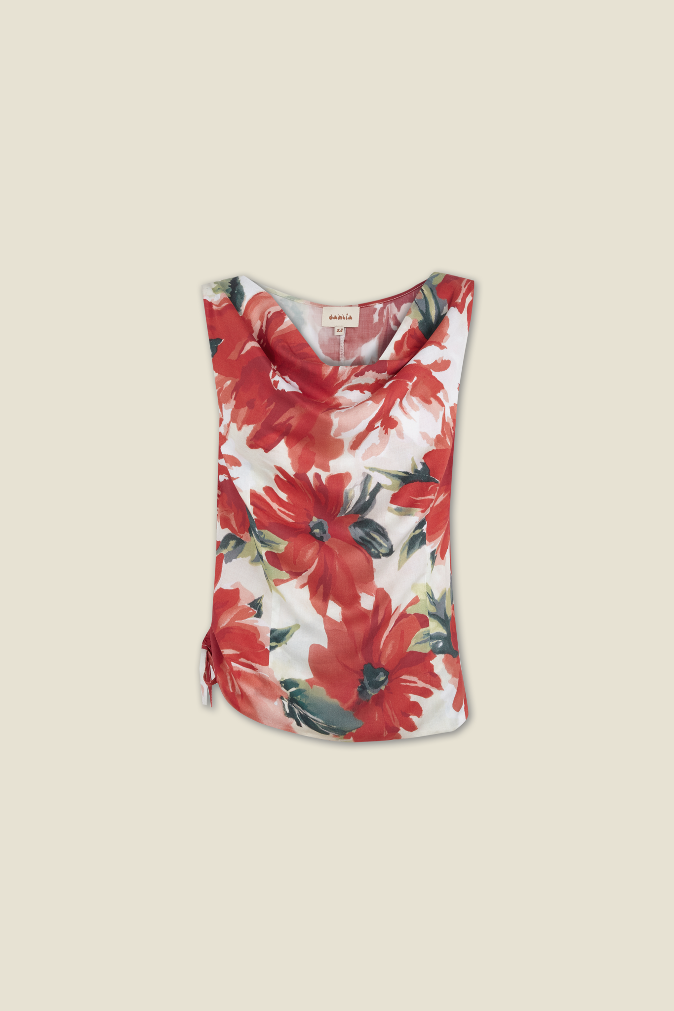 Floral print top in red and white with green leaves, scoop neckline, short sleeves