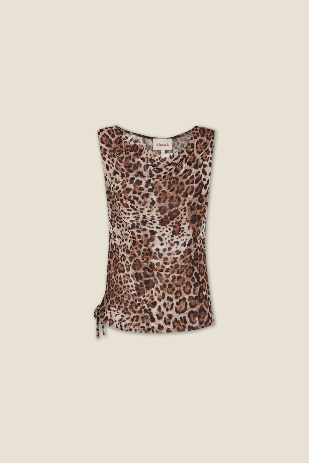 Leopard-print sleeveless top with draped neckline and side ties at hem.