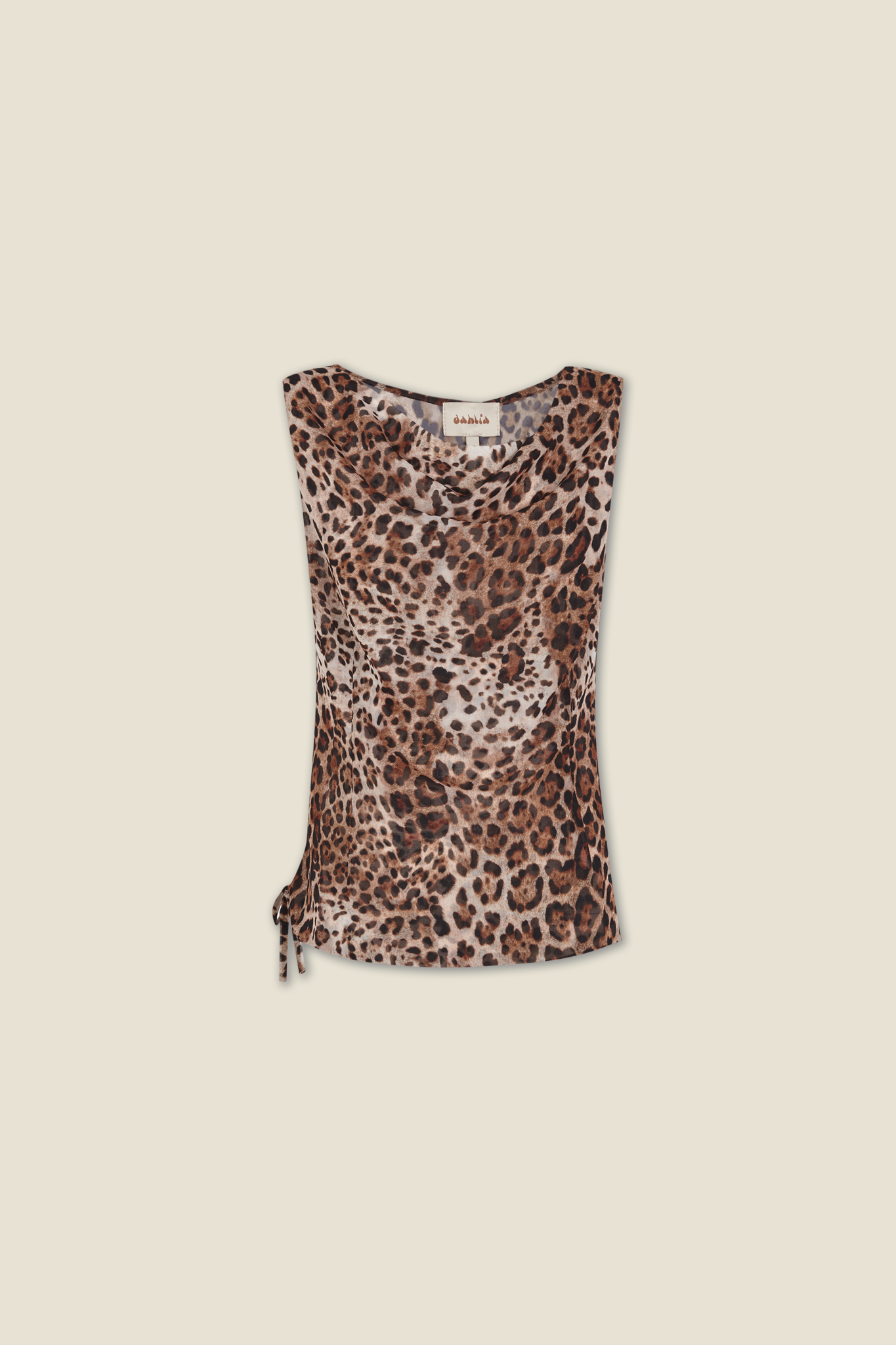 Leopard-print sleeveless top with draped neckline and side ties at hem.