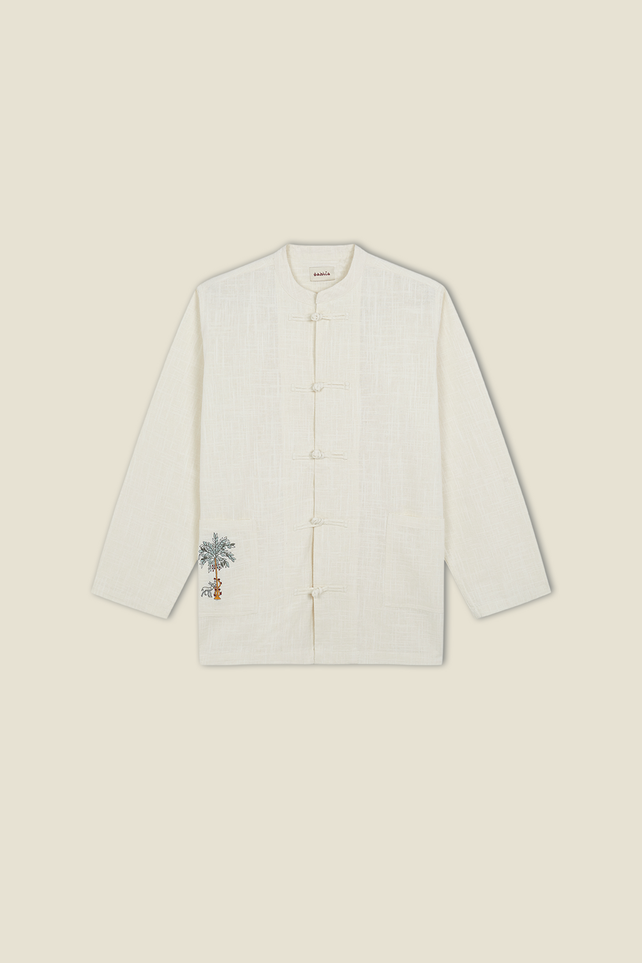 Cream cotton kitchen overshirt with button front and stand collar