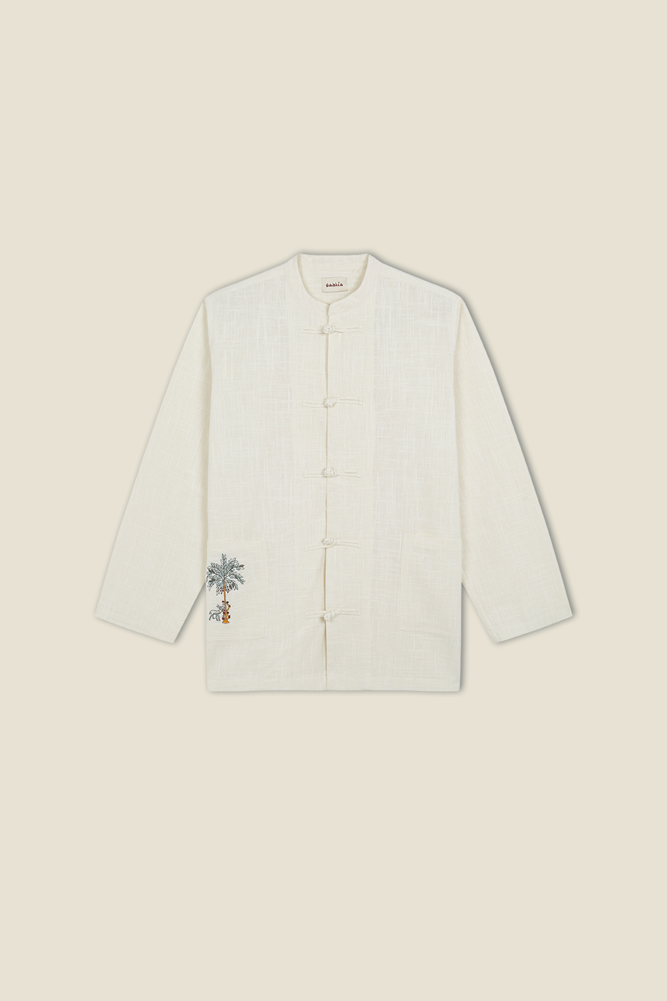 Cream cotton kitchen overshirt with button front and stand collar