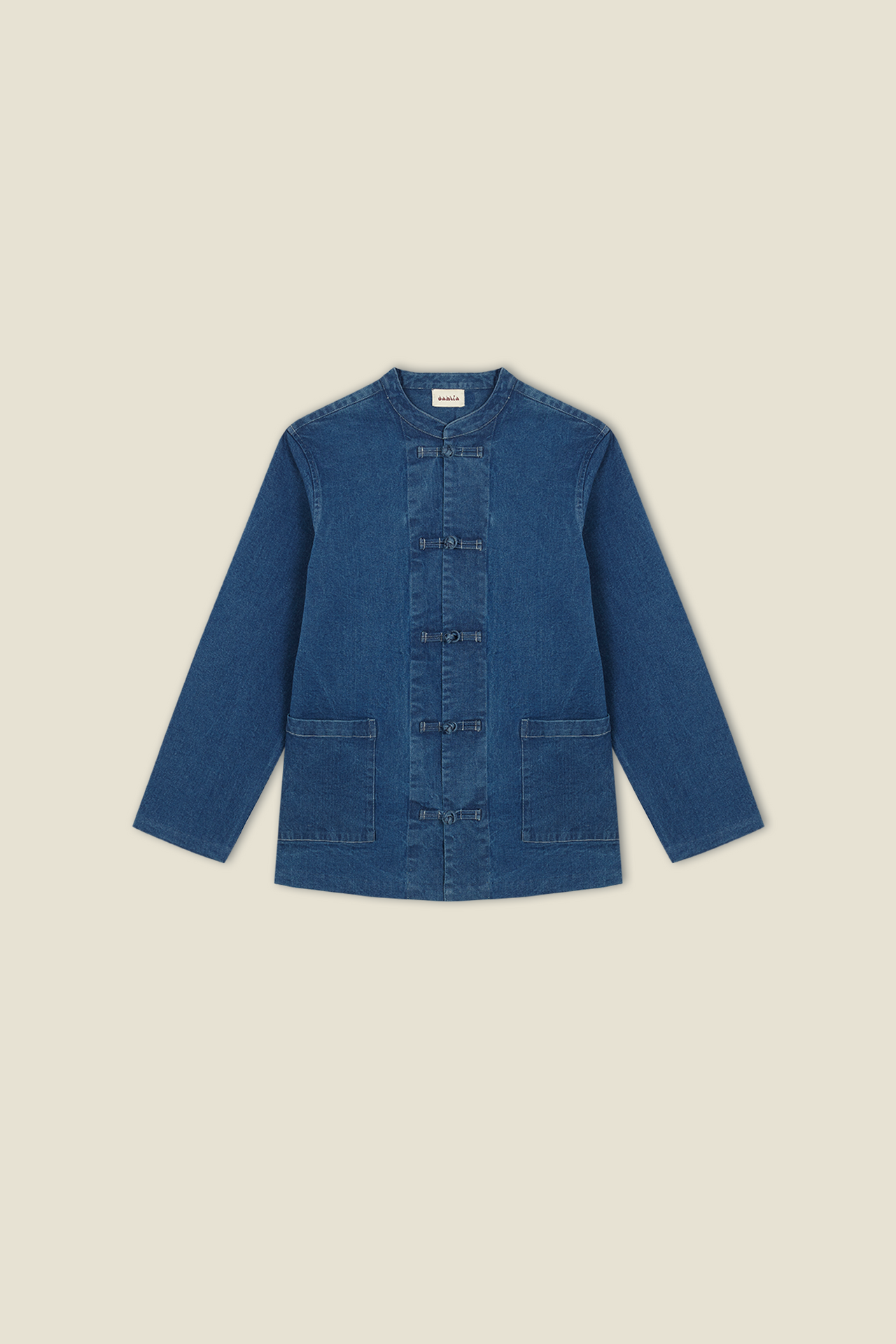 Denim kitchen overshirt in blue with button front, stand collar, and chest flap pockets