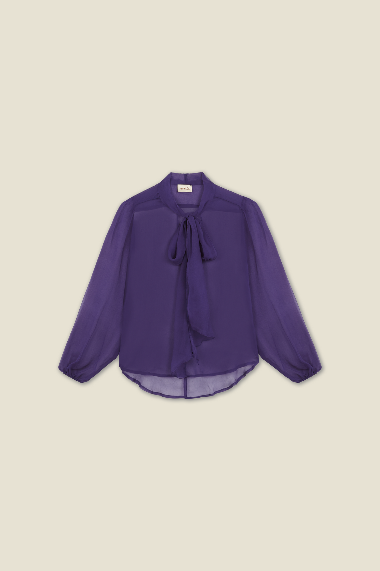 Purple sheer blouse with tie-neck bow and long balloon sleeves