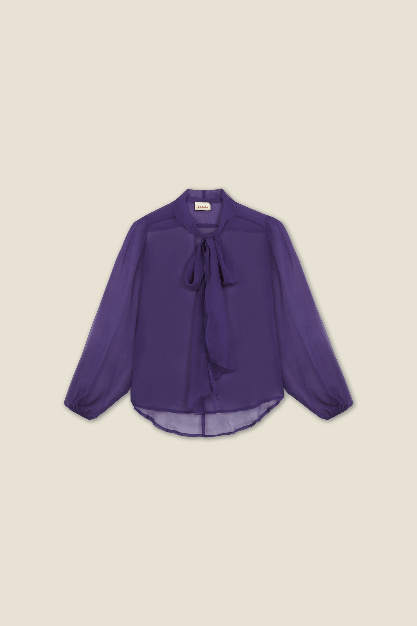 Purple sheer blouse with tie-neck bow and long balloon sleeves