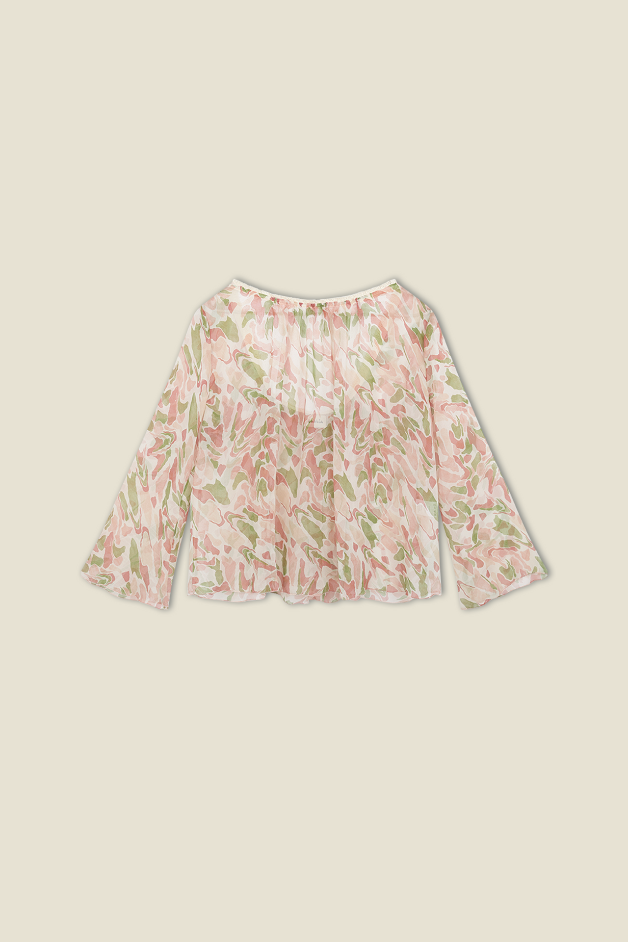 Pastel printed long-sleeve shirt, gathered round neckline, pink/green leaf pattern
