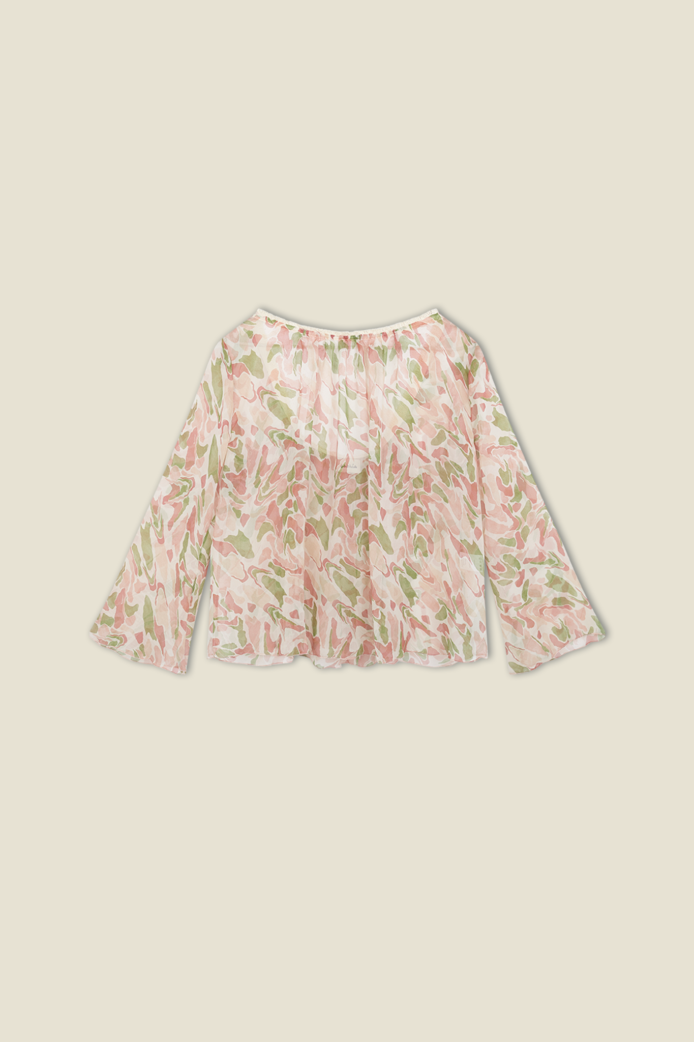 Pastel printed long-sleeve shirt, gathered round neckline, pink/green leaf pattern