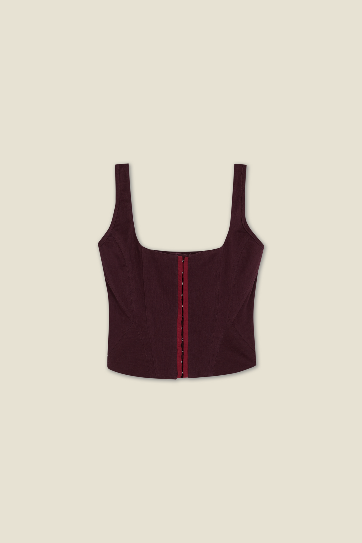 Aubergine corset top with red center front detail and wide shoulder straps