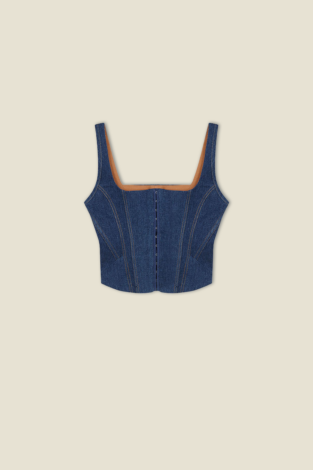 Denim corset top with curved neckline, button front, and wide shoulder straps