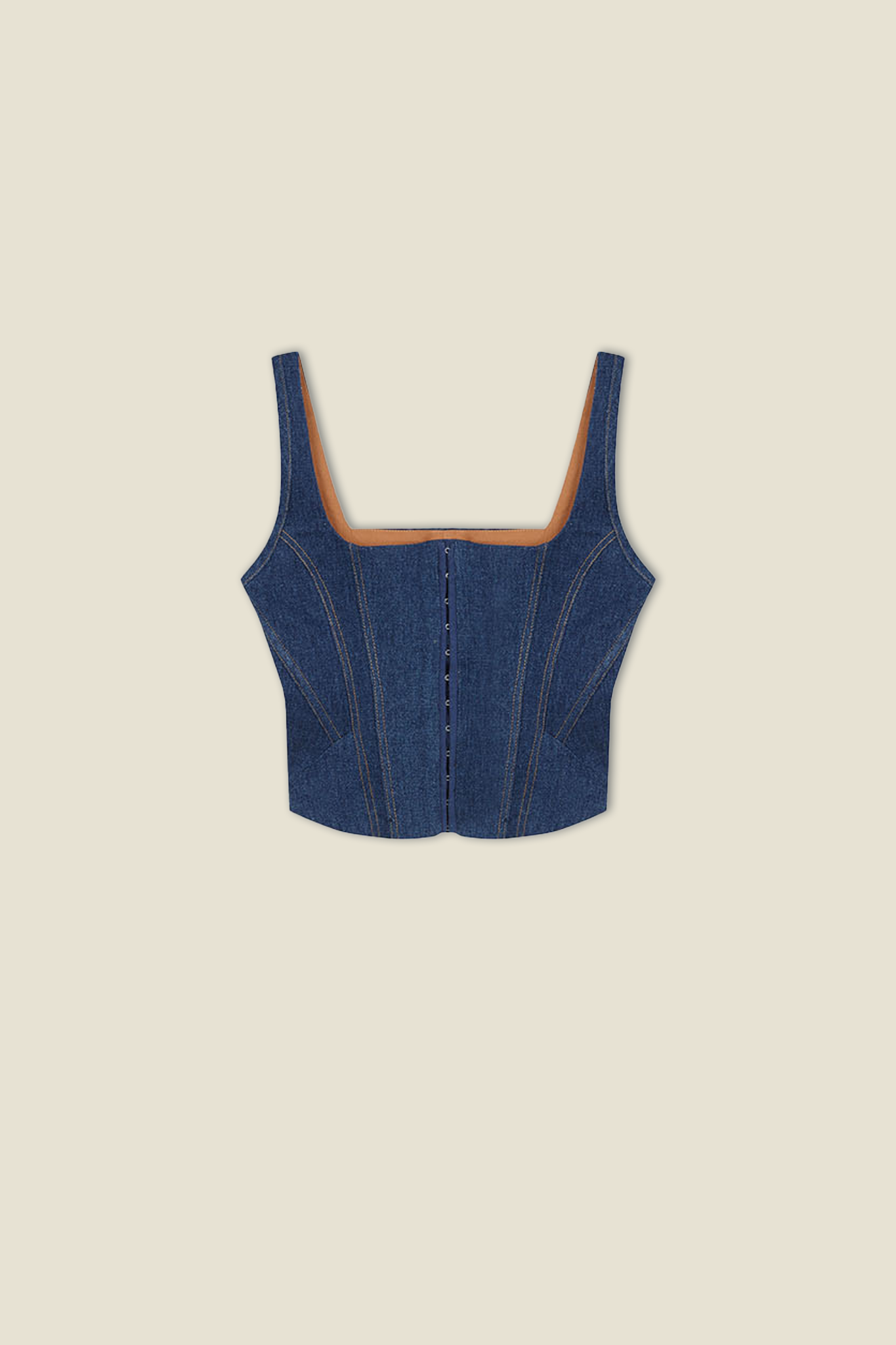 Denim corset top with curved neckline, button front, and wide shoulder straps