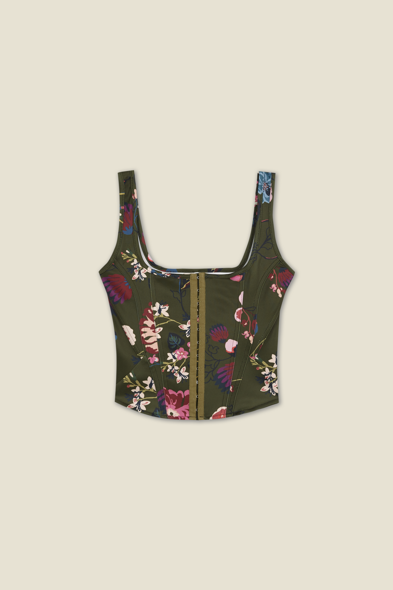 Floral neoprene corset with wide straps and center front panel on dark green