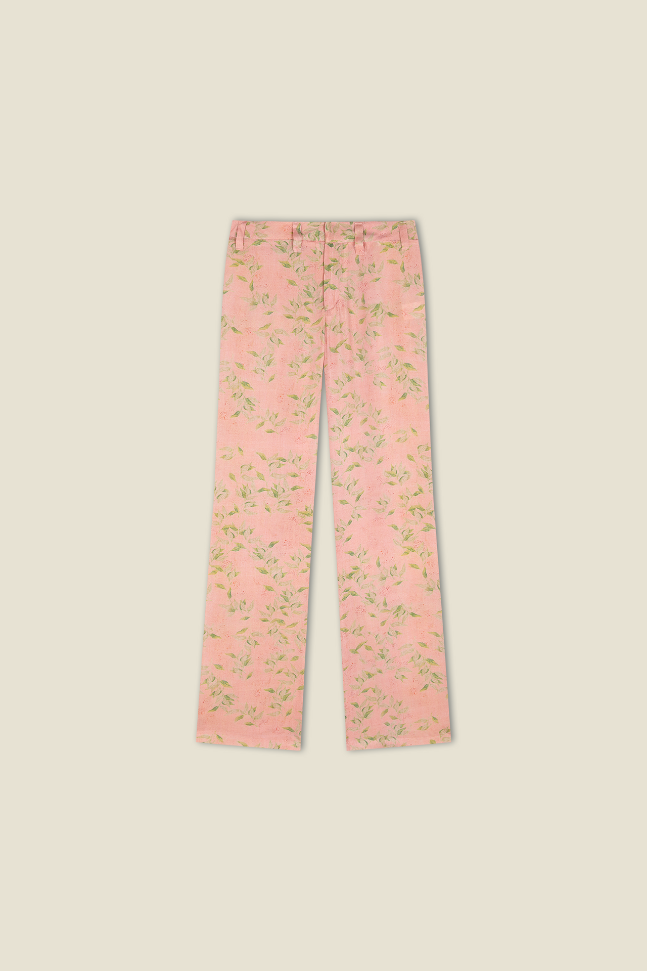 Lucy pink trousers, light pink with scattered green leaf print and straight legs