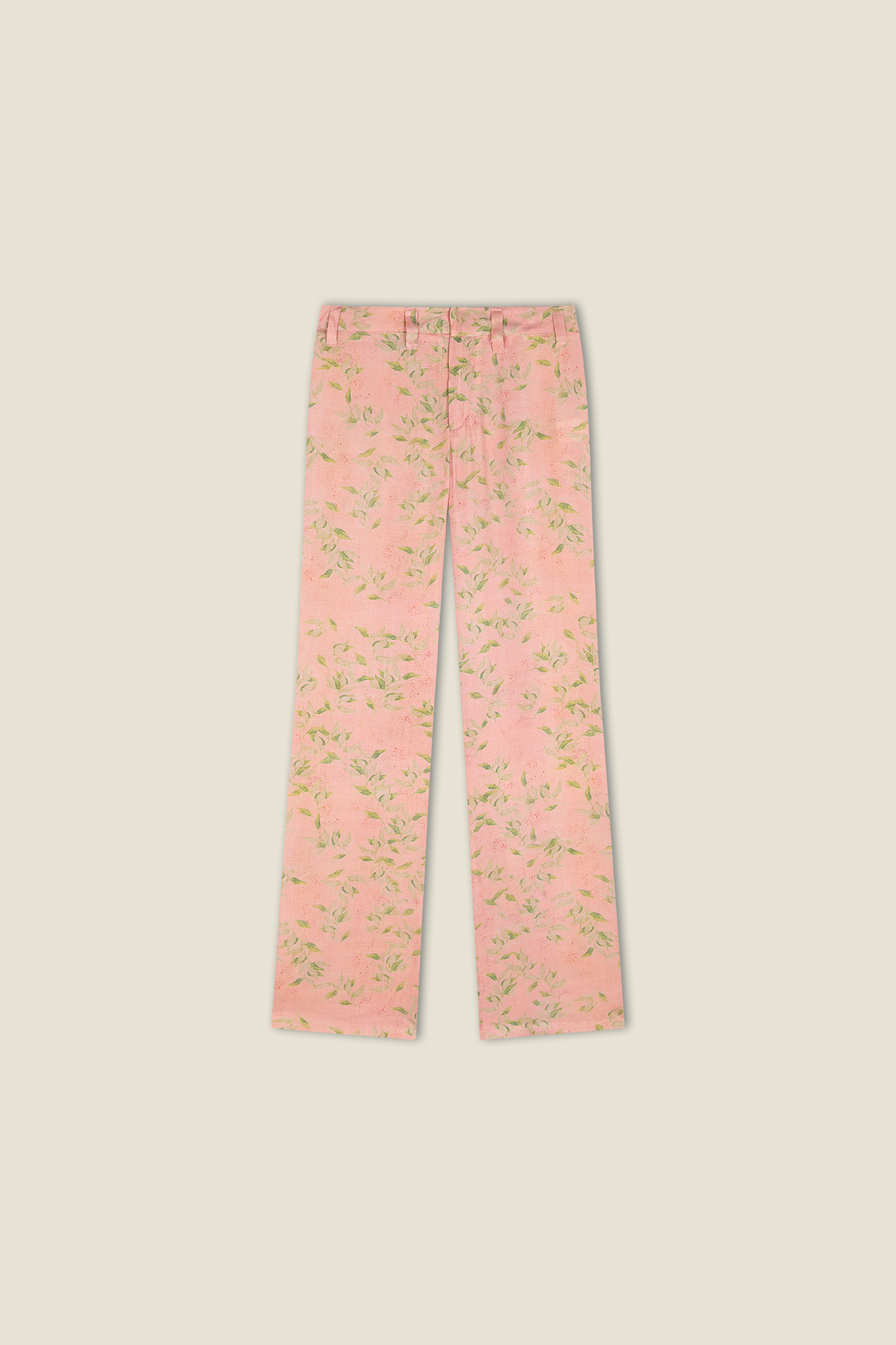 Lucy pink trousers, light pink with scattered green leaf print and straight legs