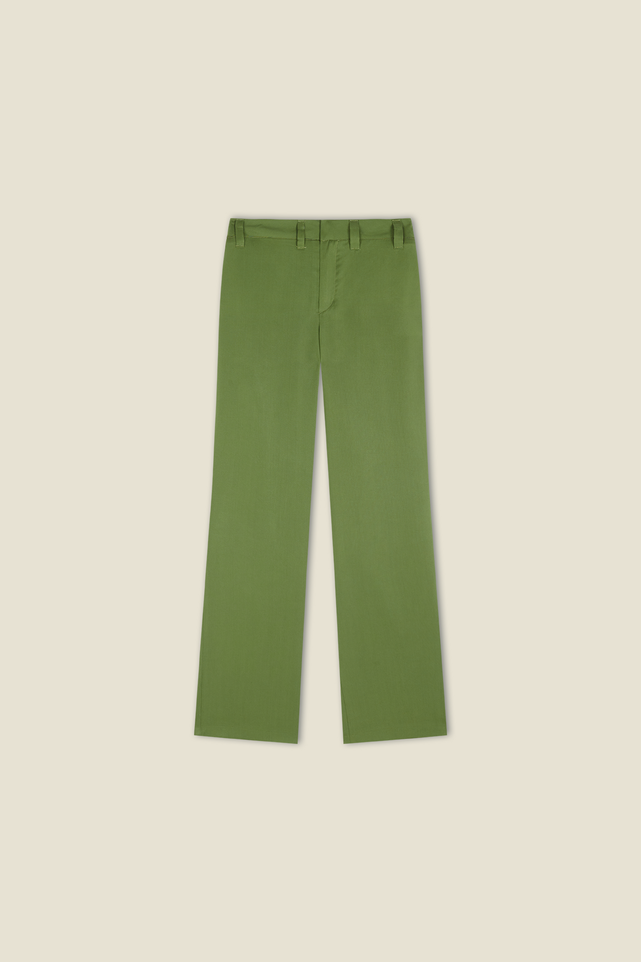 Pistachio green straight-leg trousers with belt loops and button closure