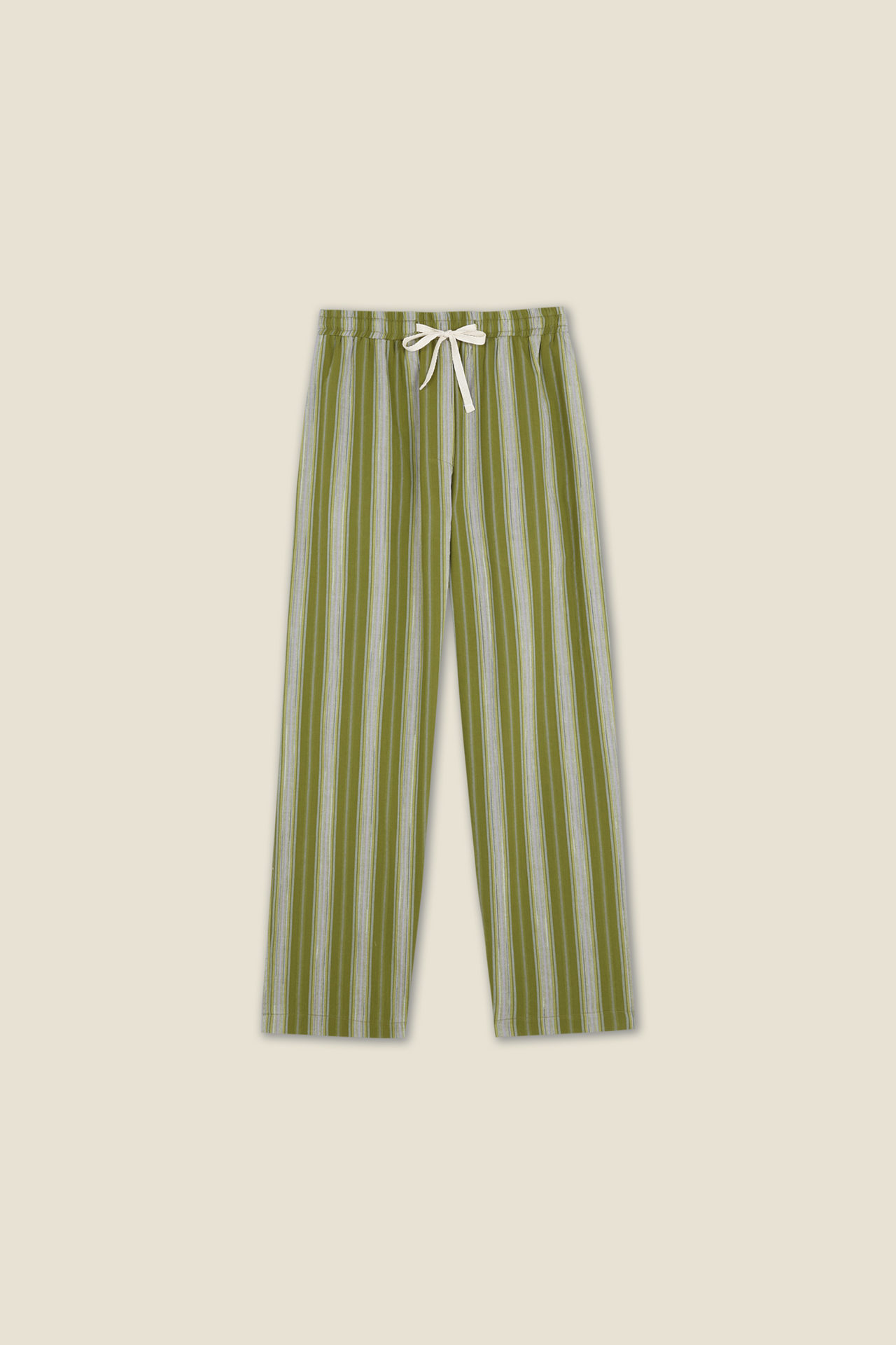 Green and yellow striped wide-leg trousers with drawstring waist and bow tie